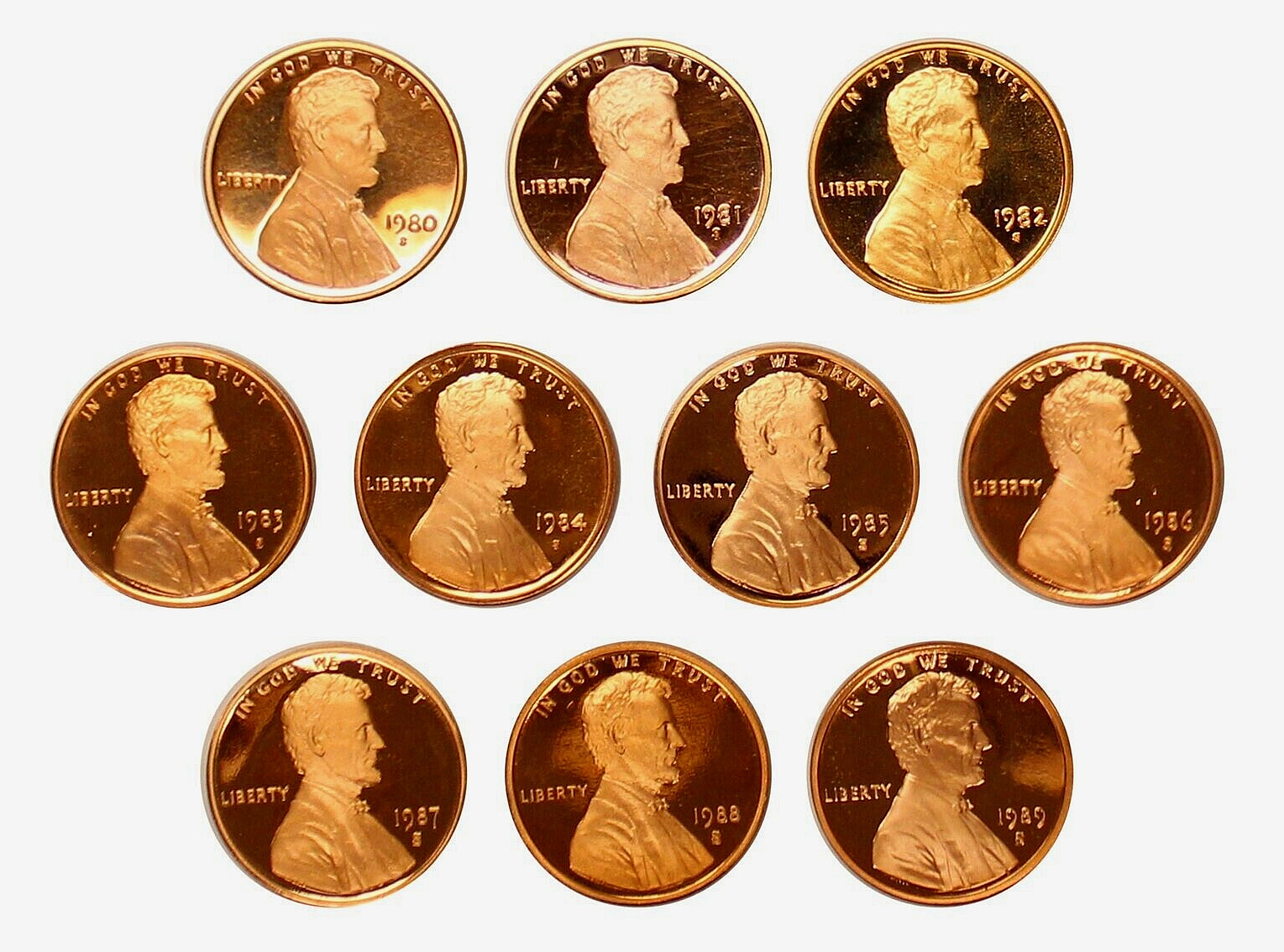 1980-1989 S Lincoln Cent NICE Proof Run 10 Coin Set