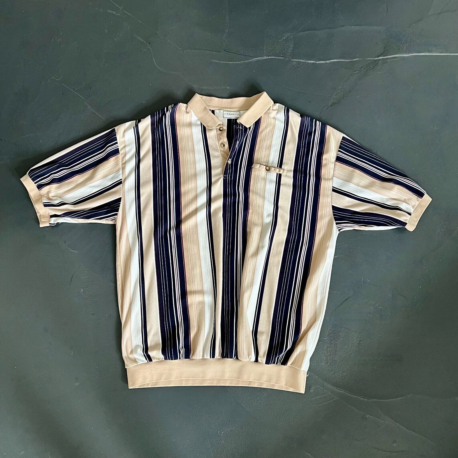Vintage Classics By Palmland Polo Shirt Men\'s Tan & Navy Short Slv 80s 90s 4XL