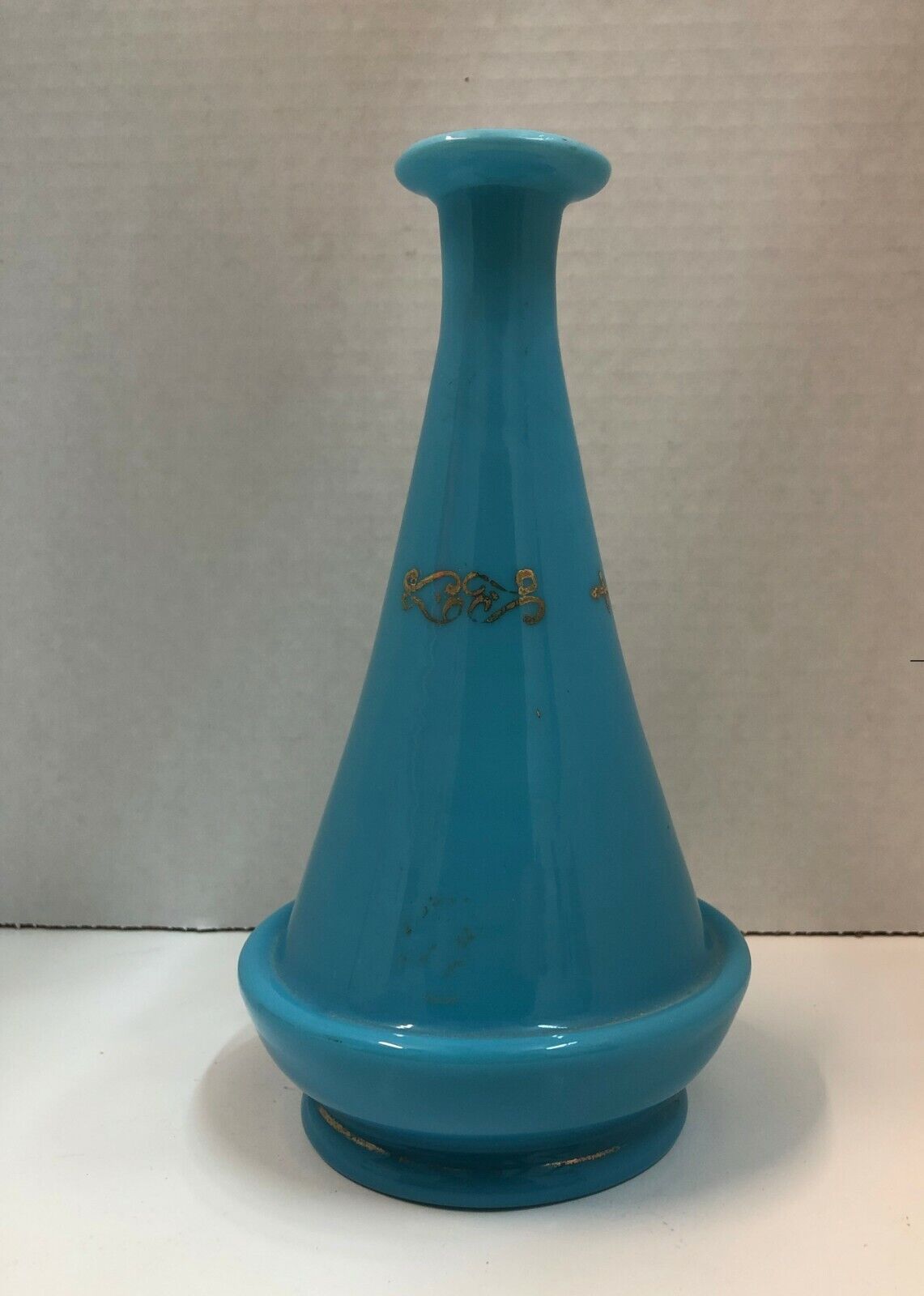 Vintage Opaque Blue Blown Glass Vase Hand Painted Gold Accents 8\