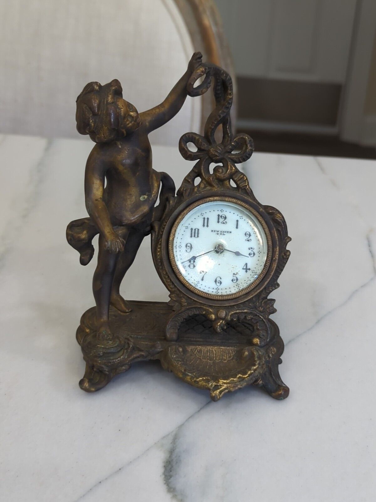 Vtg 19th C. French Antique Gilt Figural Mantle Clock New Haven Cherub 