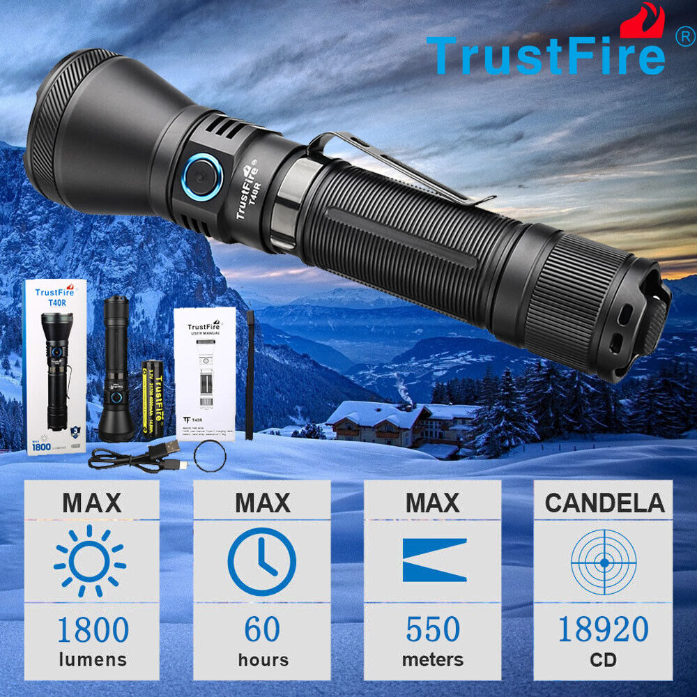 Trustfire 1800 Lumen 550M Range LED Tactical Flashlight Type-C Rechargeable IP68