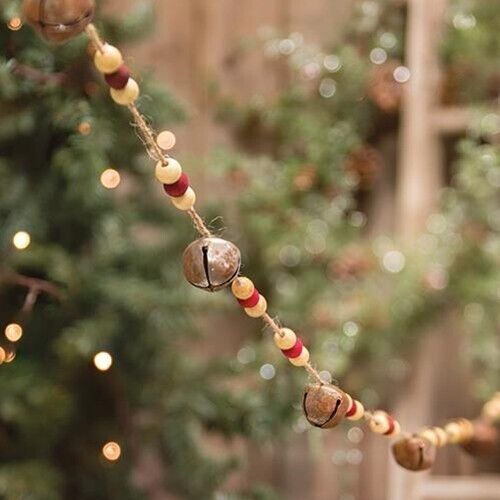 New Primitive Rustic RUSTY BELLS AND BEADS GARLAND Tree Trim Swag 5 ft