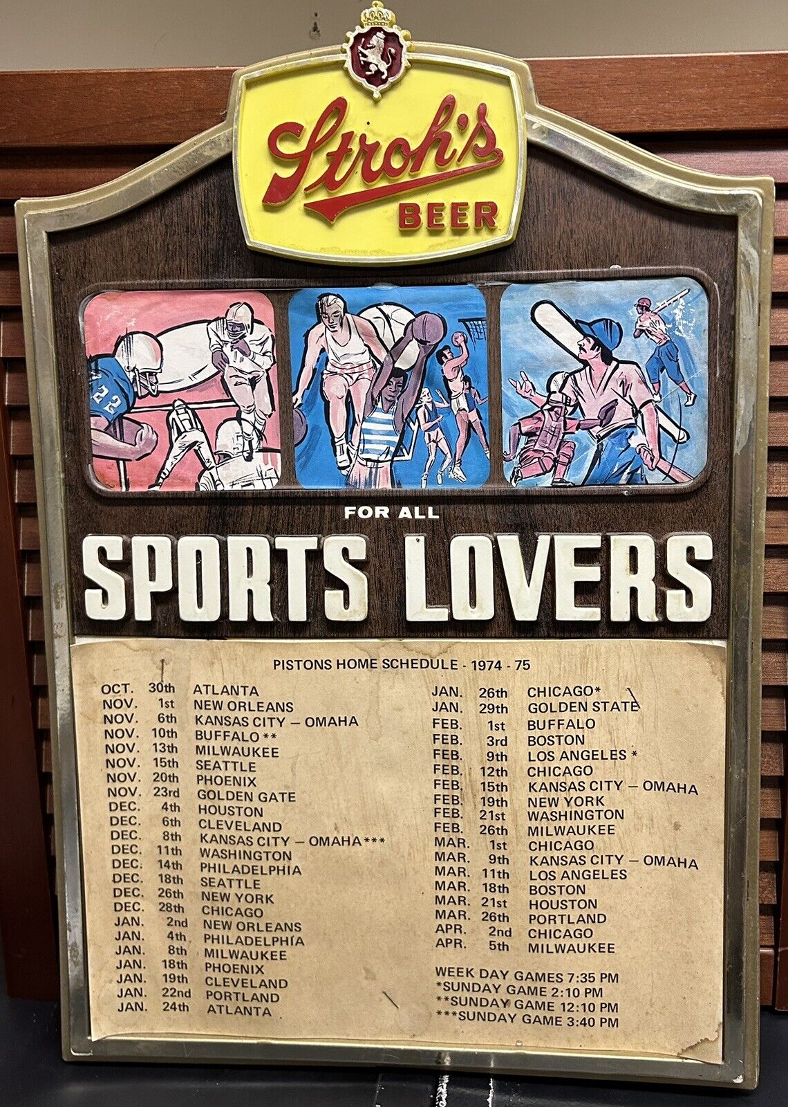 Vintage 1974/75 Detroit Pistons Stroh’s Beer Advertising Wall CalendarRARE