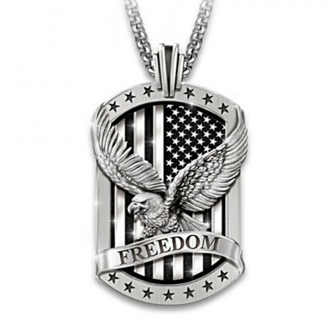Men American Bald Eagle w. US Flag Pendant Necklace Punk Biker Jewelry Chain 24\