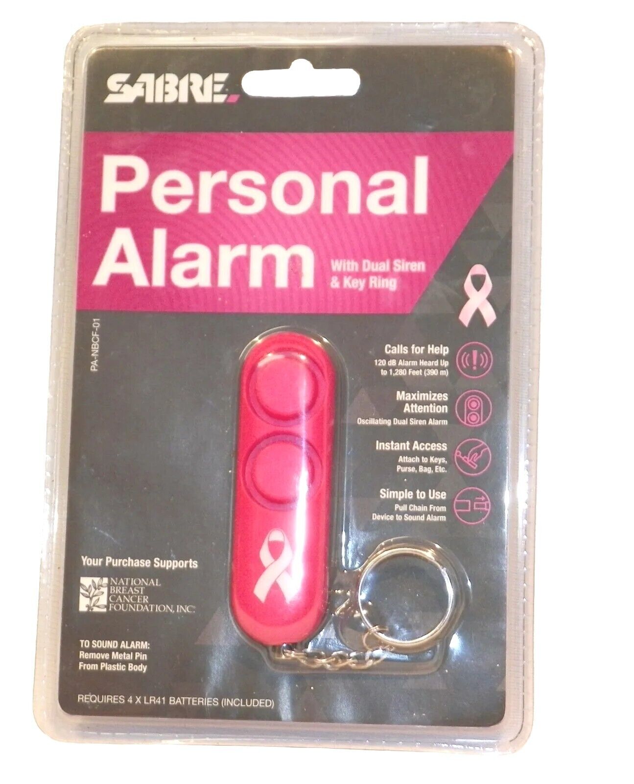 Sabre Personal Alarm Keychain Pink 120 dB Siren Audible Up to 300\' PA-NBCF-01