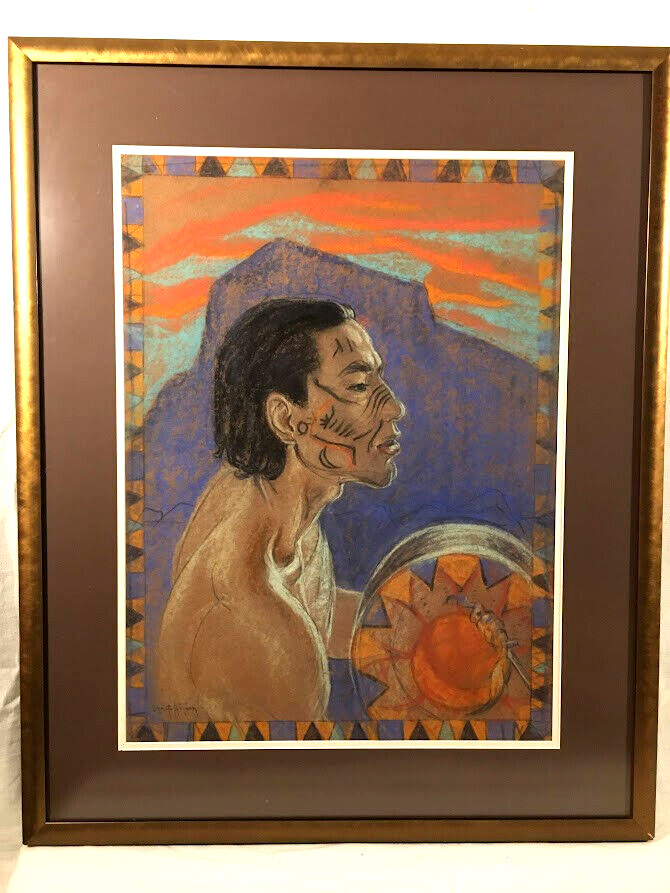 Vintage Original Pastel Painting of American Indian Dancer Signed Christoffersen