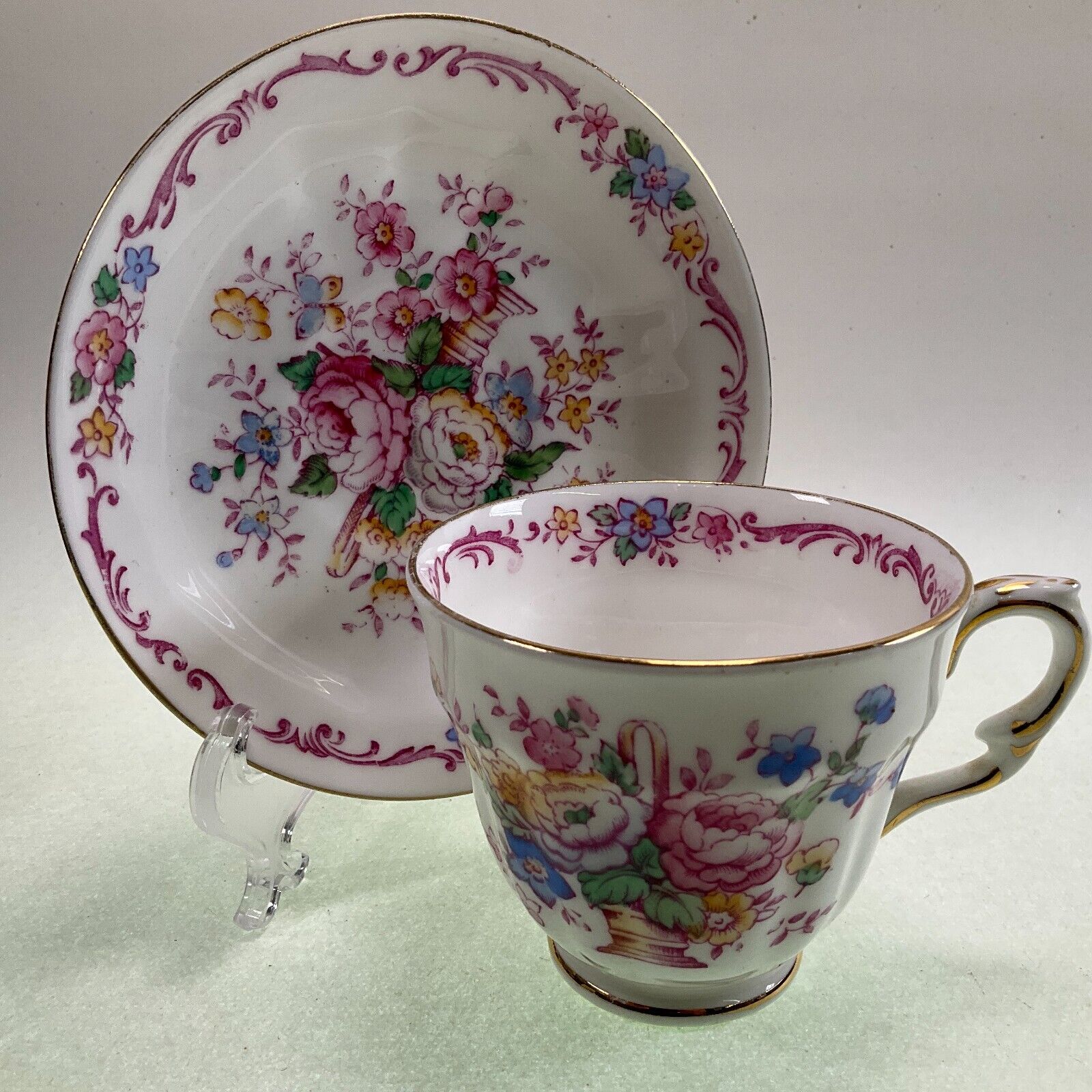 Crown Staffordshire Fine Bone China Tea Cup & Saucer - Flower Basket - England