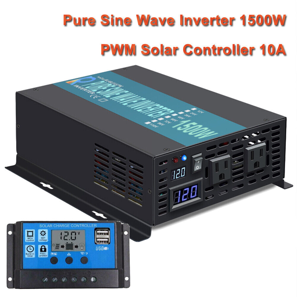 DC to AC Power Inverter 1500W Pure Sine Wave 12V PWM Solar Controller 10A Motor