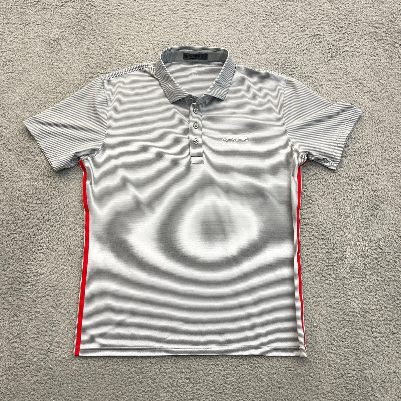 G/FORE Golf Polo Shirt Mens Medium Grey White Striped Performance Stretch Casual