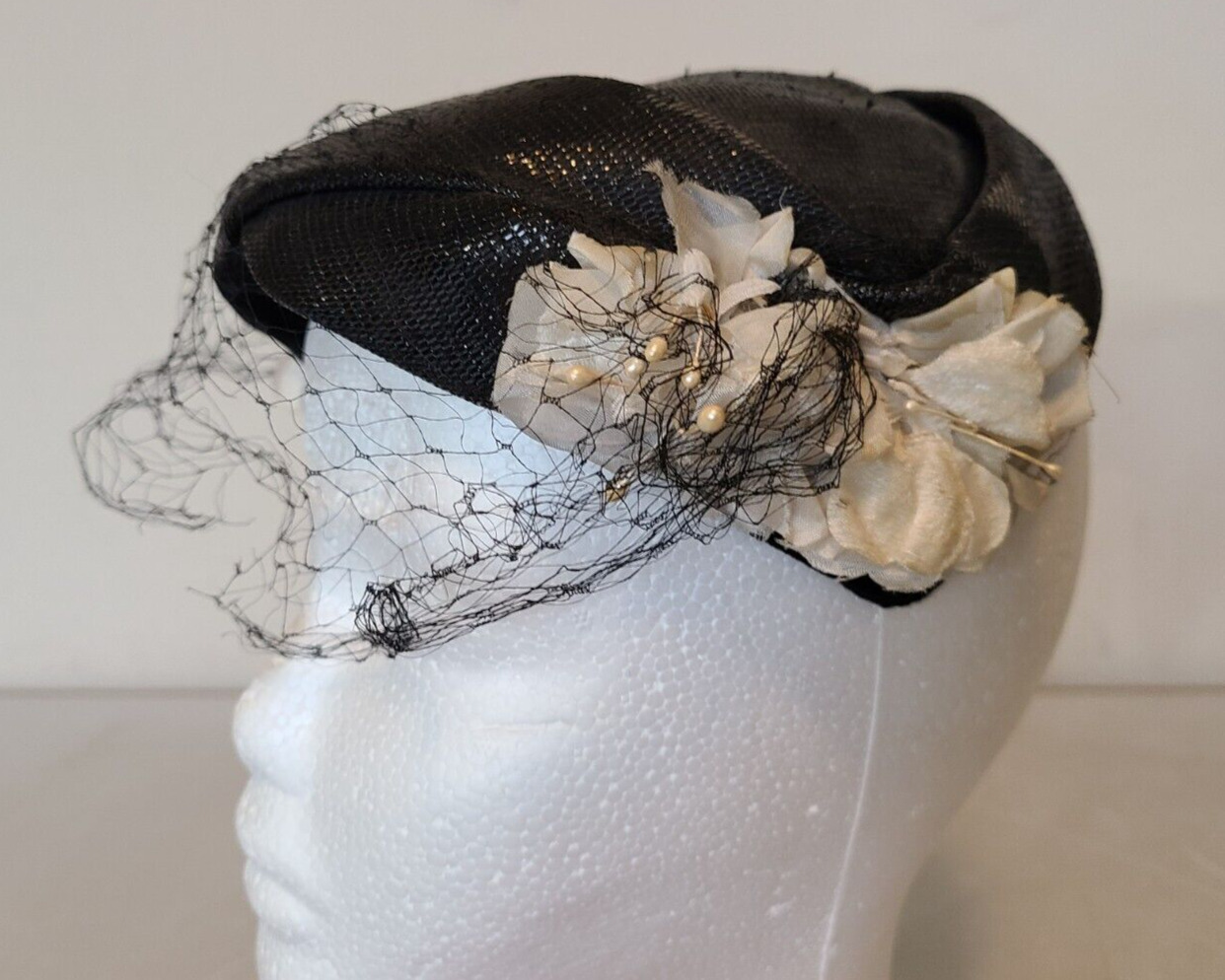 Vintage Ladies Hat Juliet Black with White Floral Designs Pillbox