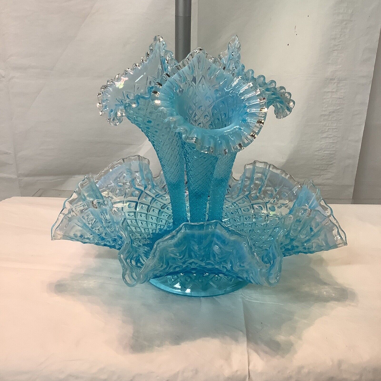 Fenton Art Glass Blue Opalescent Diamond Lace 3 Horn Epergne Large See Photos