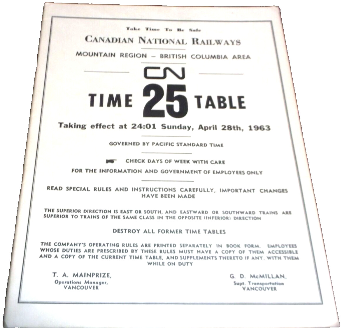 APRIL 1963 CANADIAN NATIONAL BRITISH COLUMBIA AREAO EMPLOYEE TIMETABLE #25