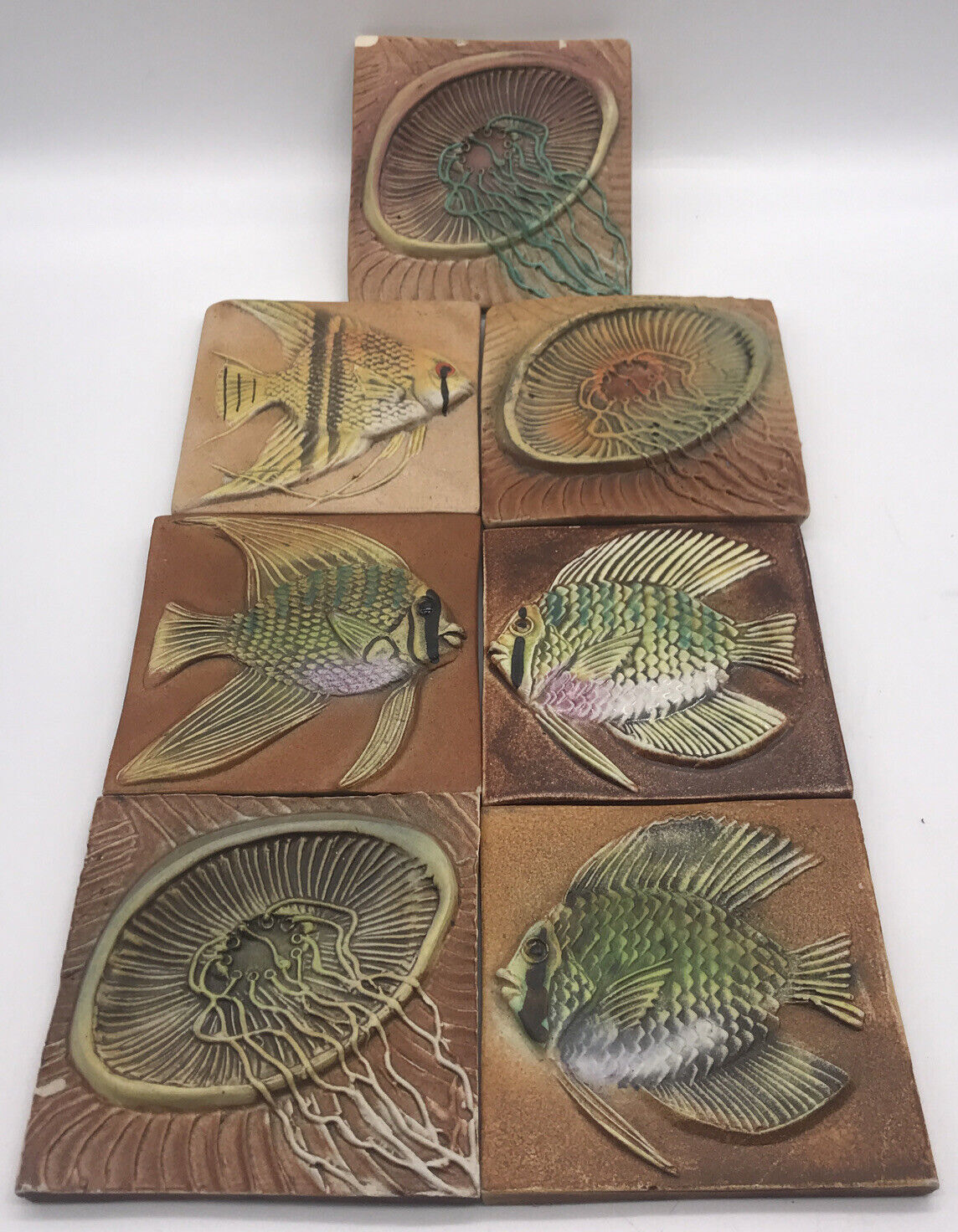 7 Rare 4” X 4” Fish/Jelly Fish ceramic tile Natalie Surving Studio 1996