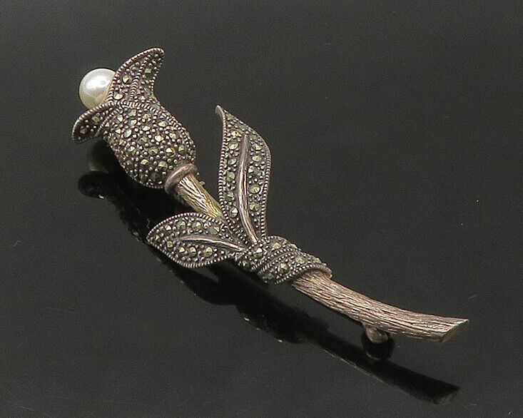 925 Sterling Silver - Vintage Pearl & Marcasite Flower Brooch Pin - BP8763