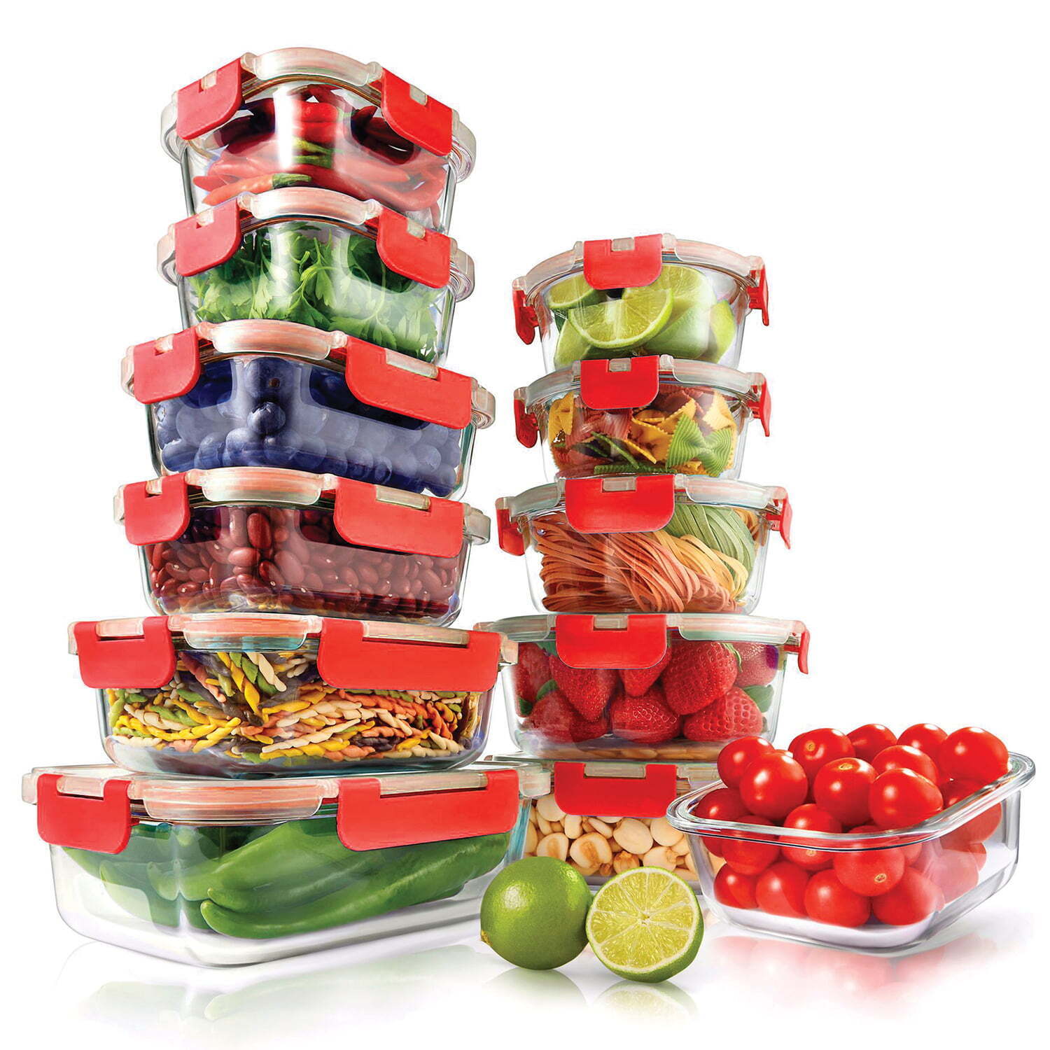 24-Piece Glass Food Storage Set with Locking Hinge Red Lids