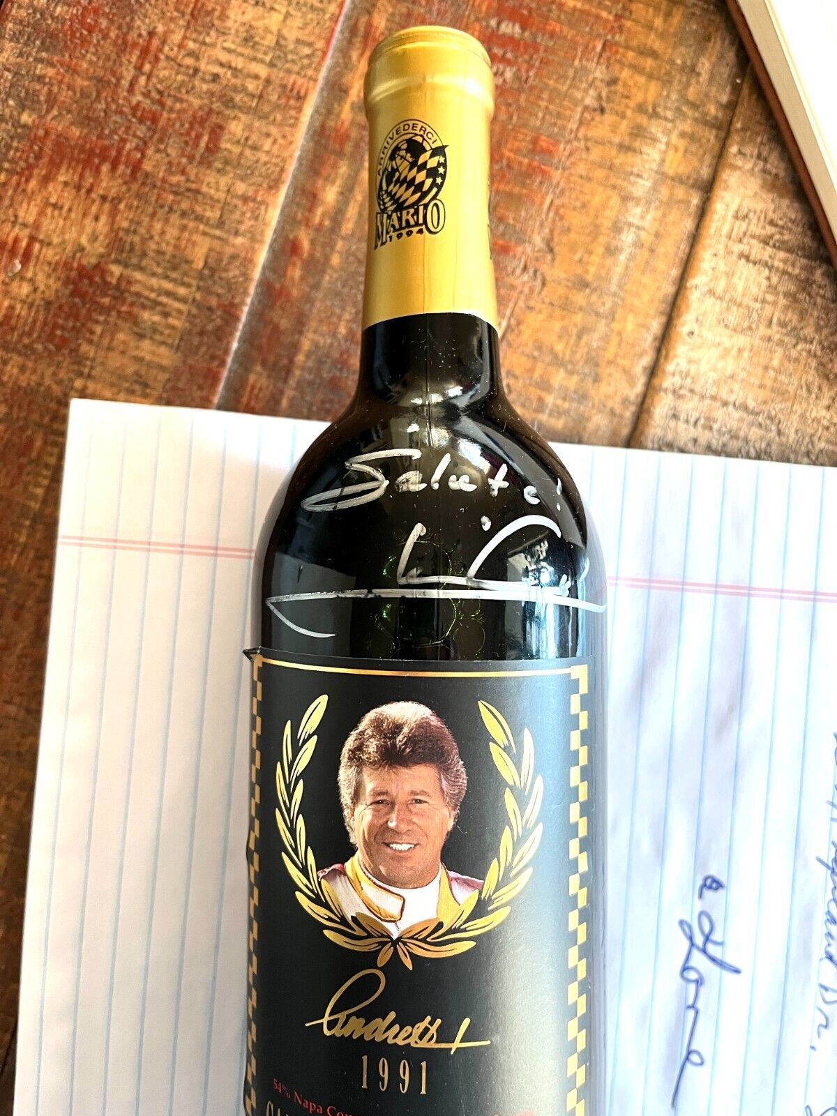 Mario Andretti SIGNED Retirement Wine Bottle from 1991 \