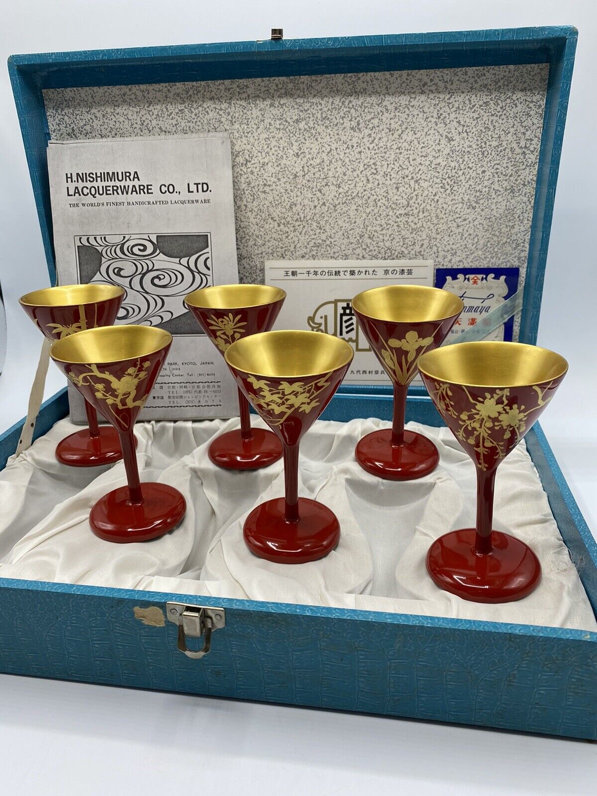 Zohiko H Nishimura Mid Century Set 6 Red Gold Lacquer Sake Wine Stemware Kyoto
