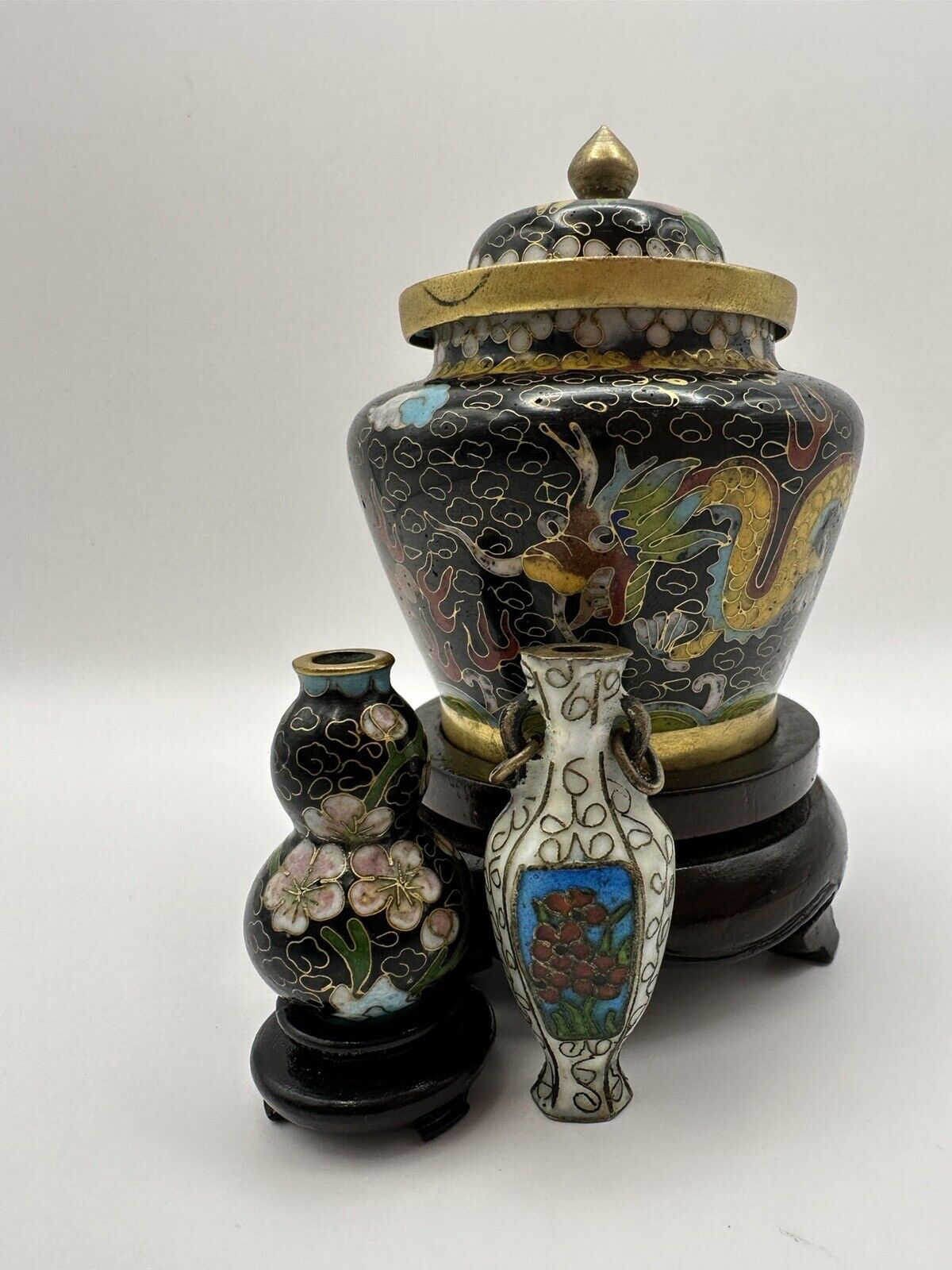 Antique Chinese Ginger Jar Set, 3 Beautiful Miniature Cloisonné Jars, DragonsEtc
