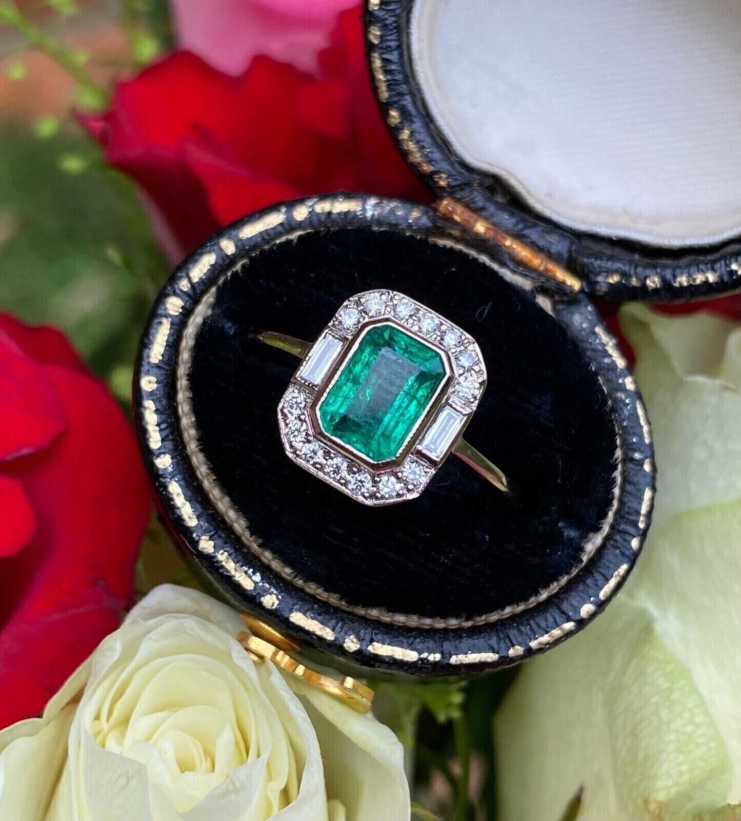 Art Deco Style 2.85 Ct Emerald & Lab Created Diamond Gold Filled Engagement Ring