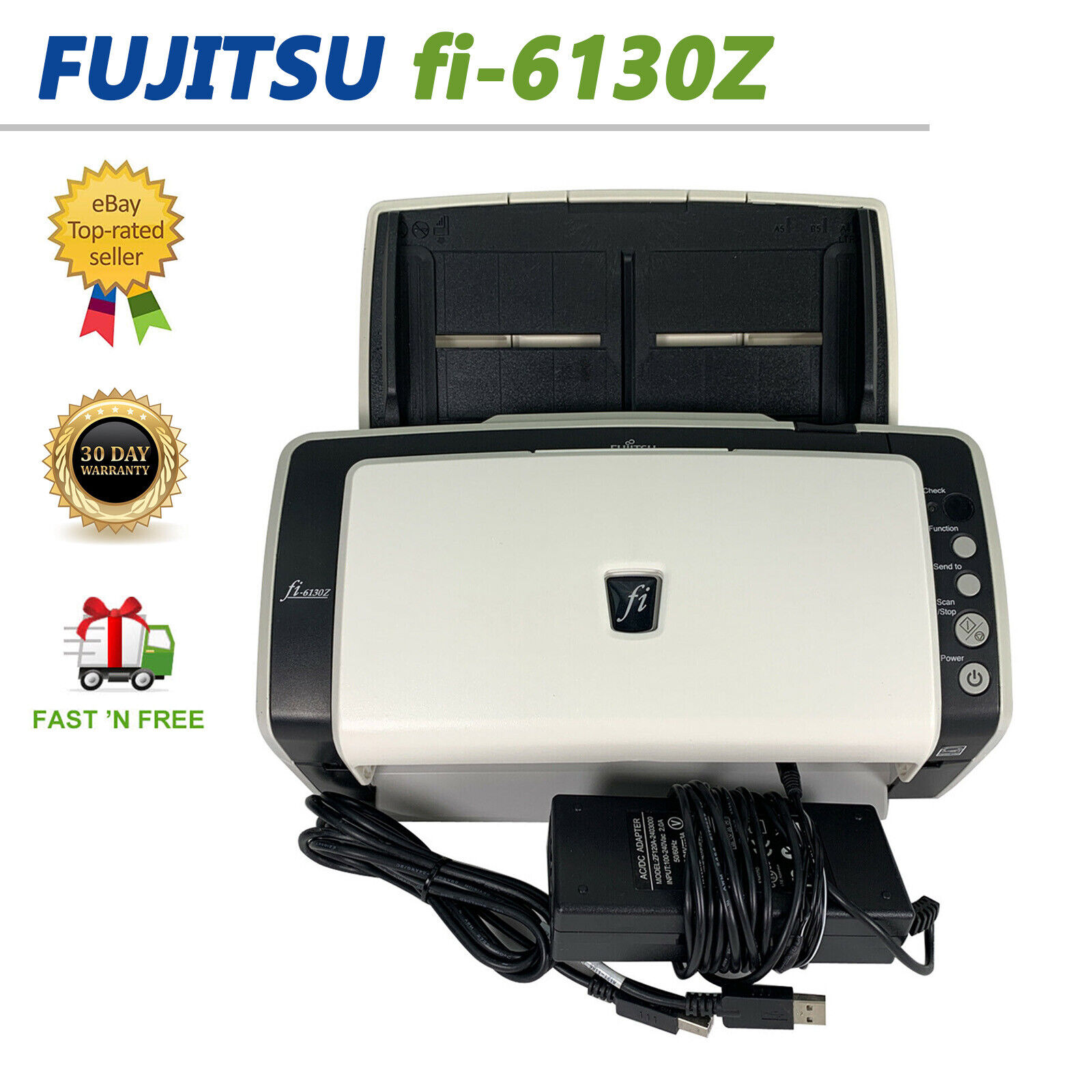 GOOD 🔥 Genuine Fujitsu FI-6130Z Duplex Document Scanner w/Adapter & USB Cable