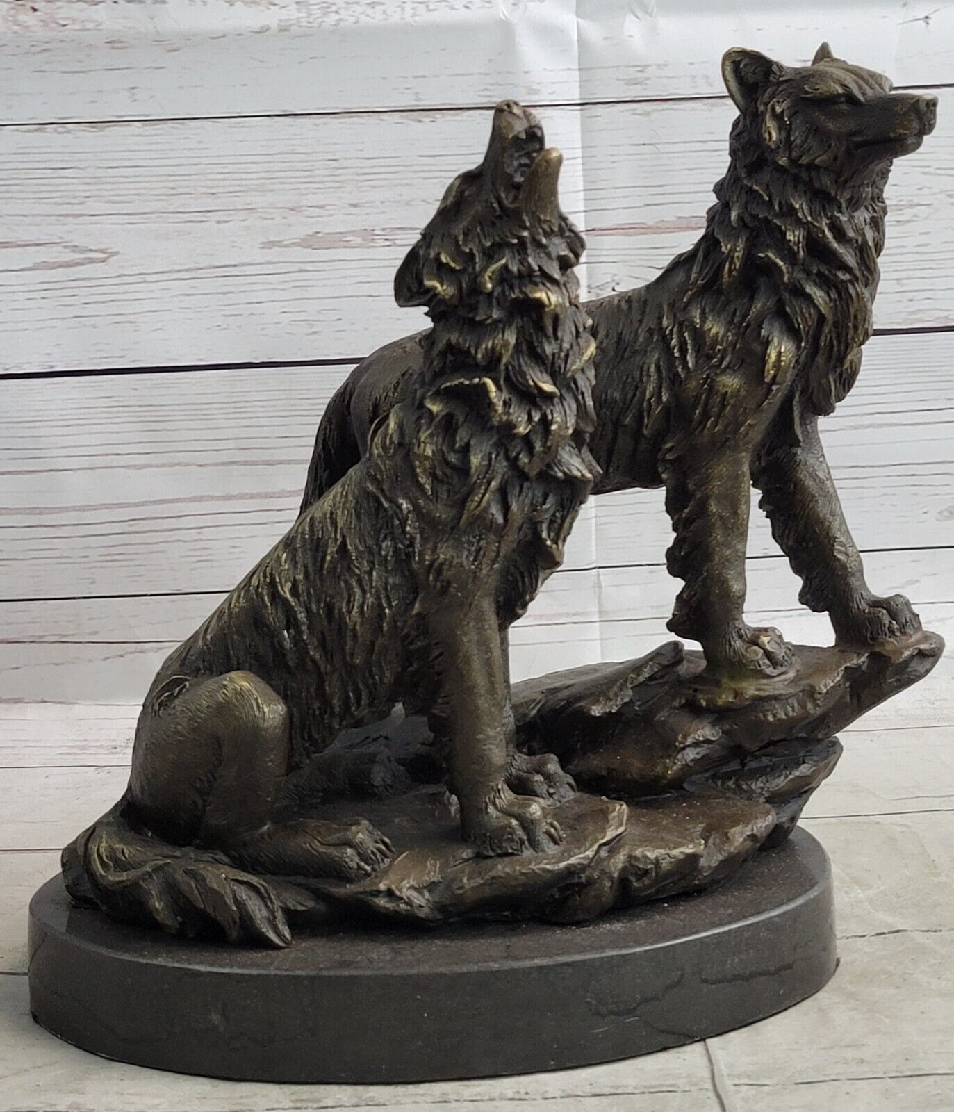 Majestic Pair Bronze Sculpture of Wolves on Rock by Barye Museum Quality Art