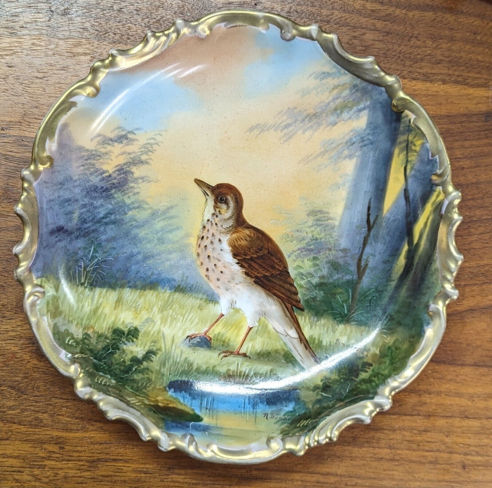 Antique L.S.&S.Austria Hand Painted Porcelain Thrushes Bird Plate Gold Trim-9.5\