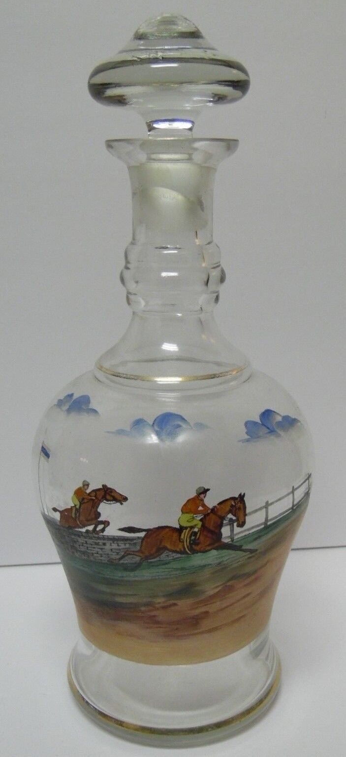 OLD VINTAGE 1960s HAND PAINTED EQUESTRIAN HORSE JUMPING RACING DECANTER BOTTLE