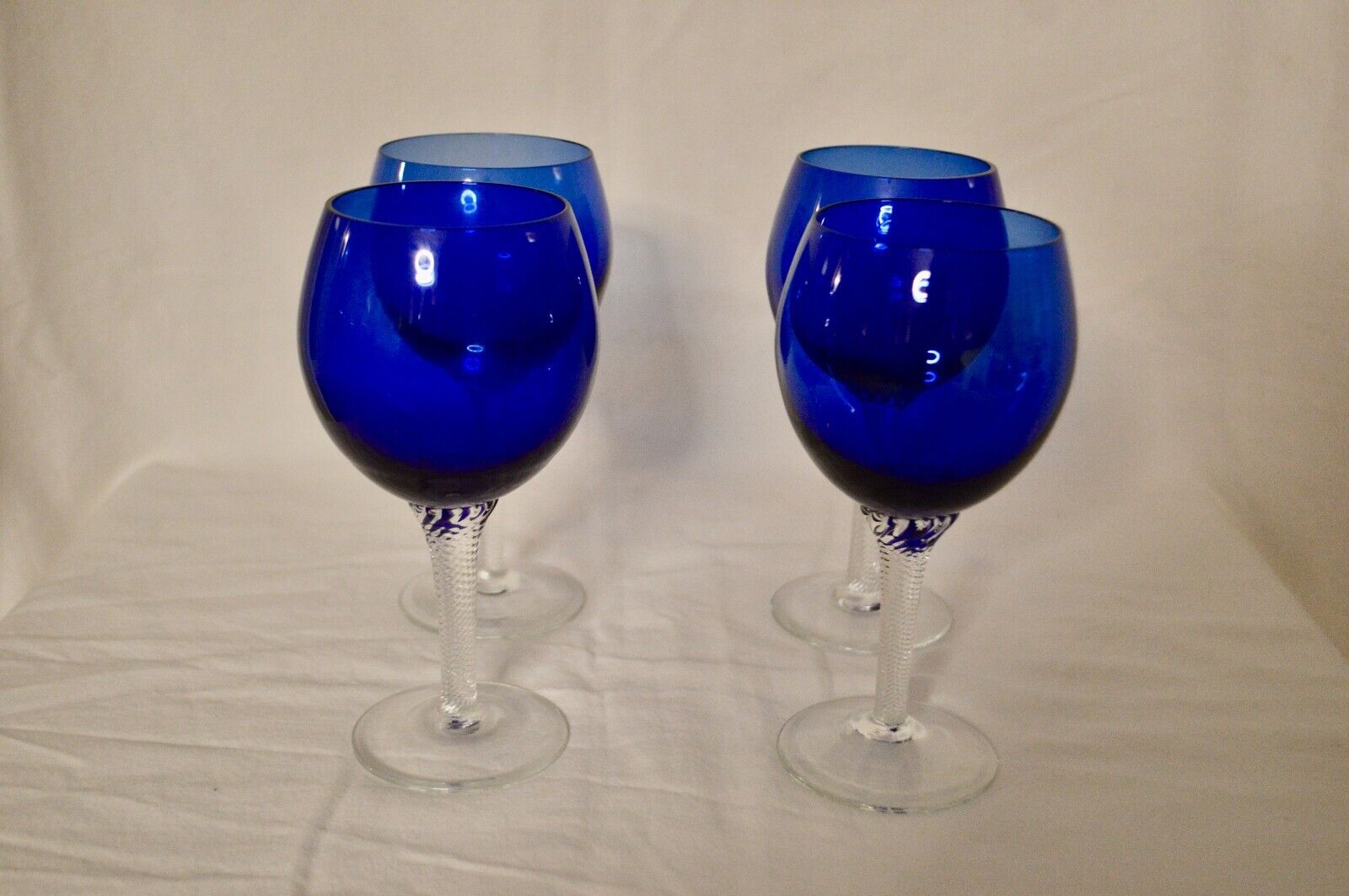 Vintage Hand-Blown Cobalt Blue Twisted Clear Stem Wine Glasses (Set of 4)