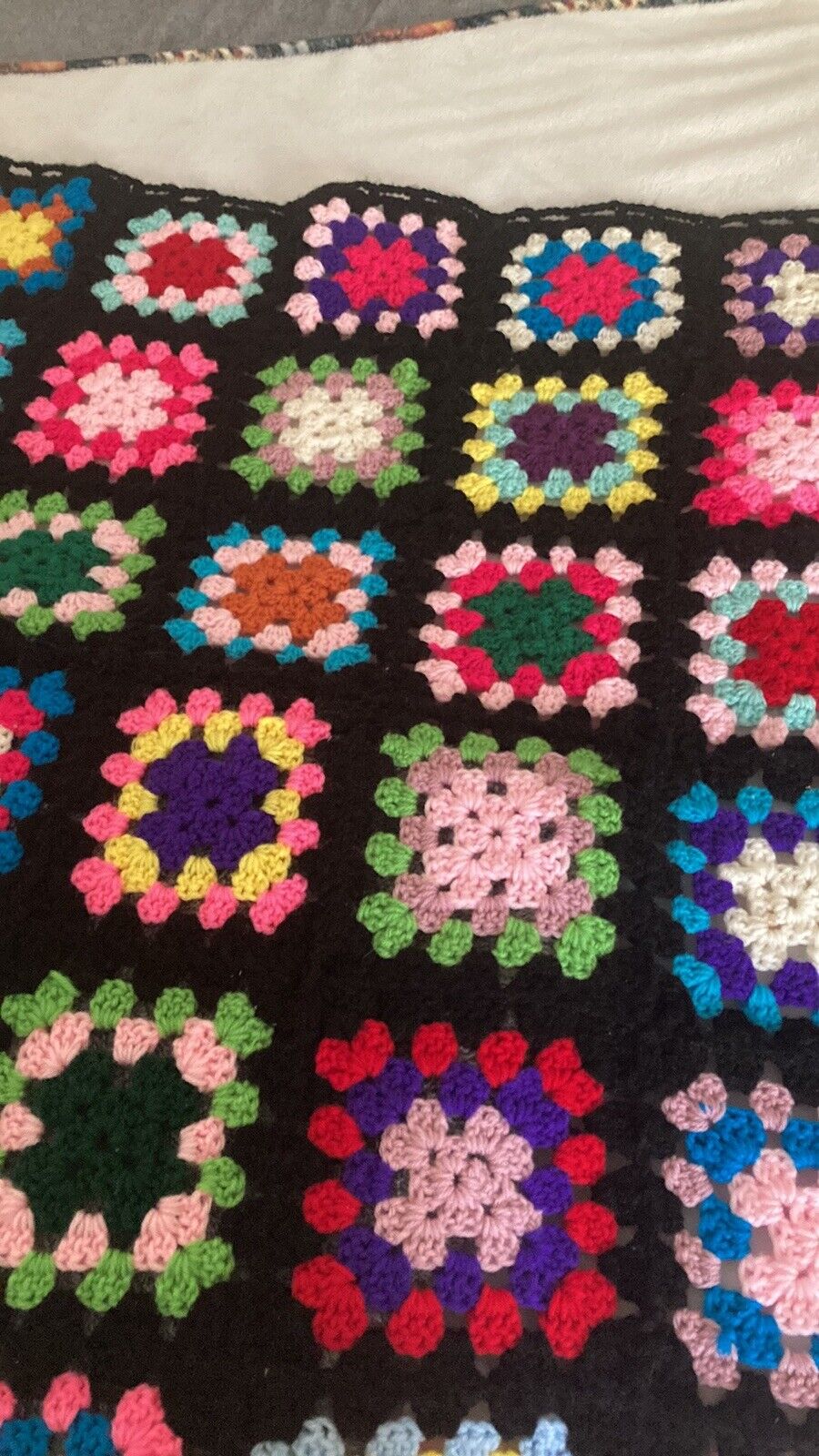 Vintage Crochet Granny Square Blanket Afghan Boho Throw Black Rosanne