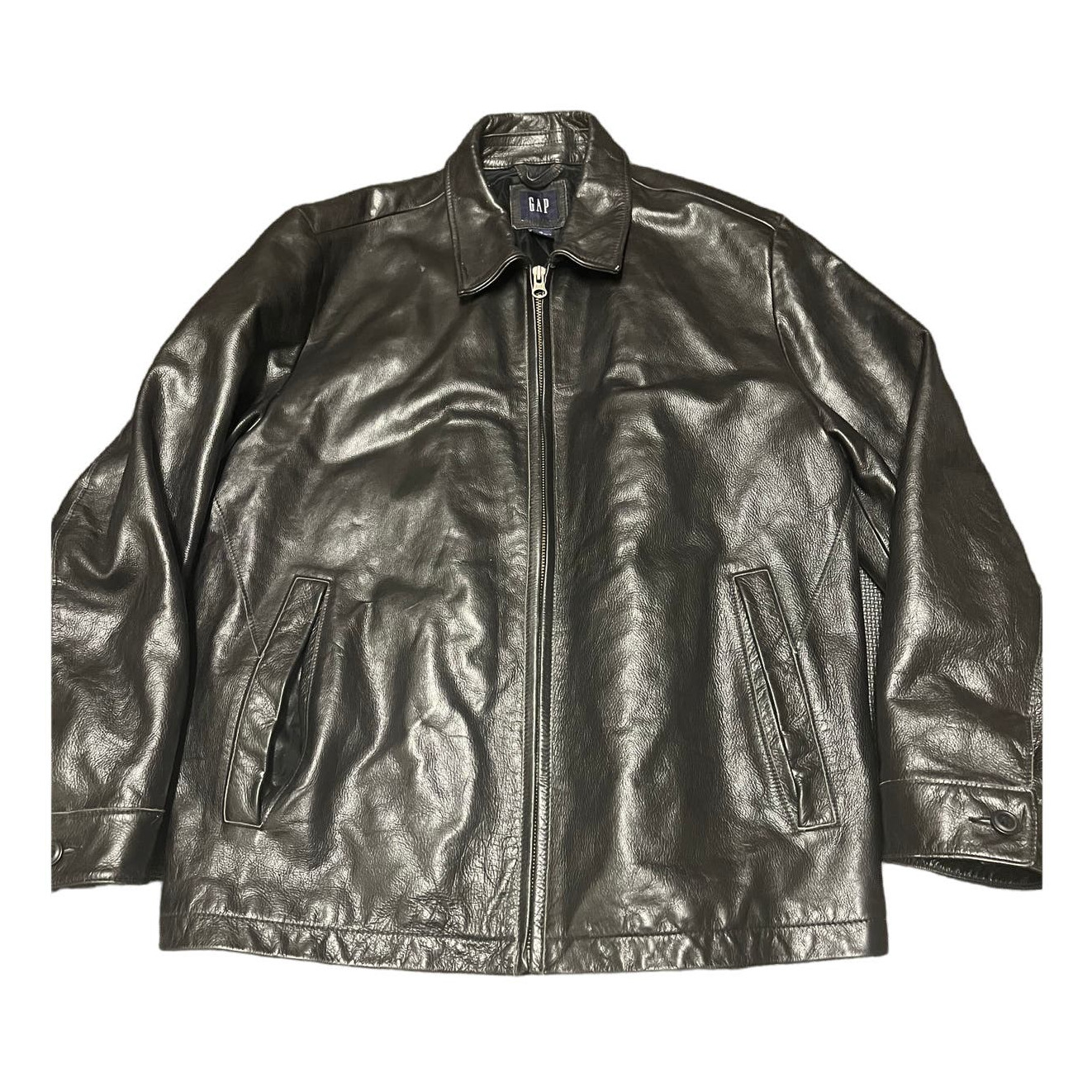 Vintage GAP Leather Jacket Mens XL Black Full Zip Quilted Lining Y2K Retro