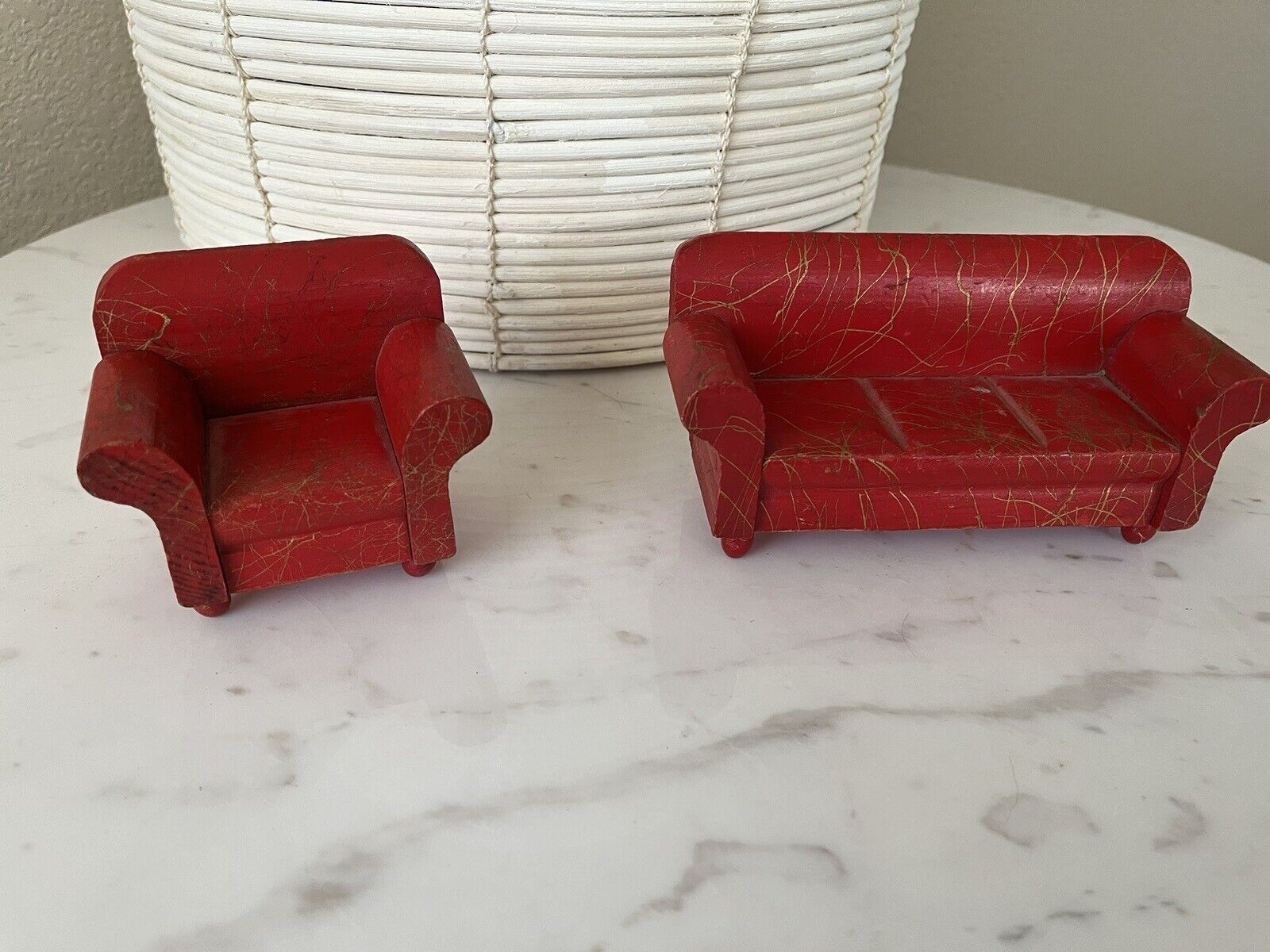 Vintage Strombecker Sofa/Couch And Chair Set Red Wood Dollhouse Miniature Size