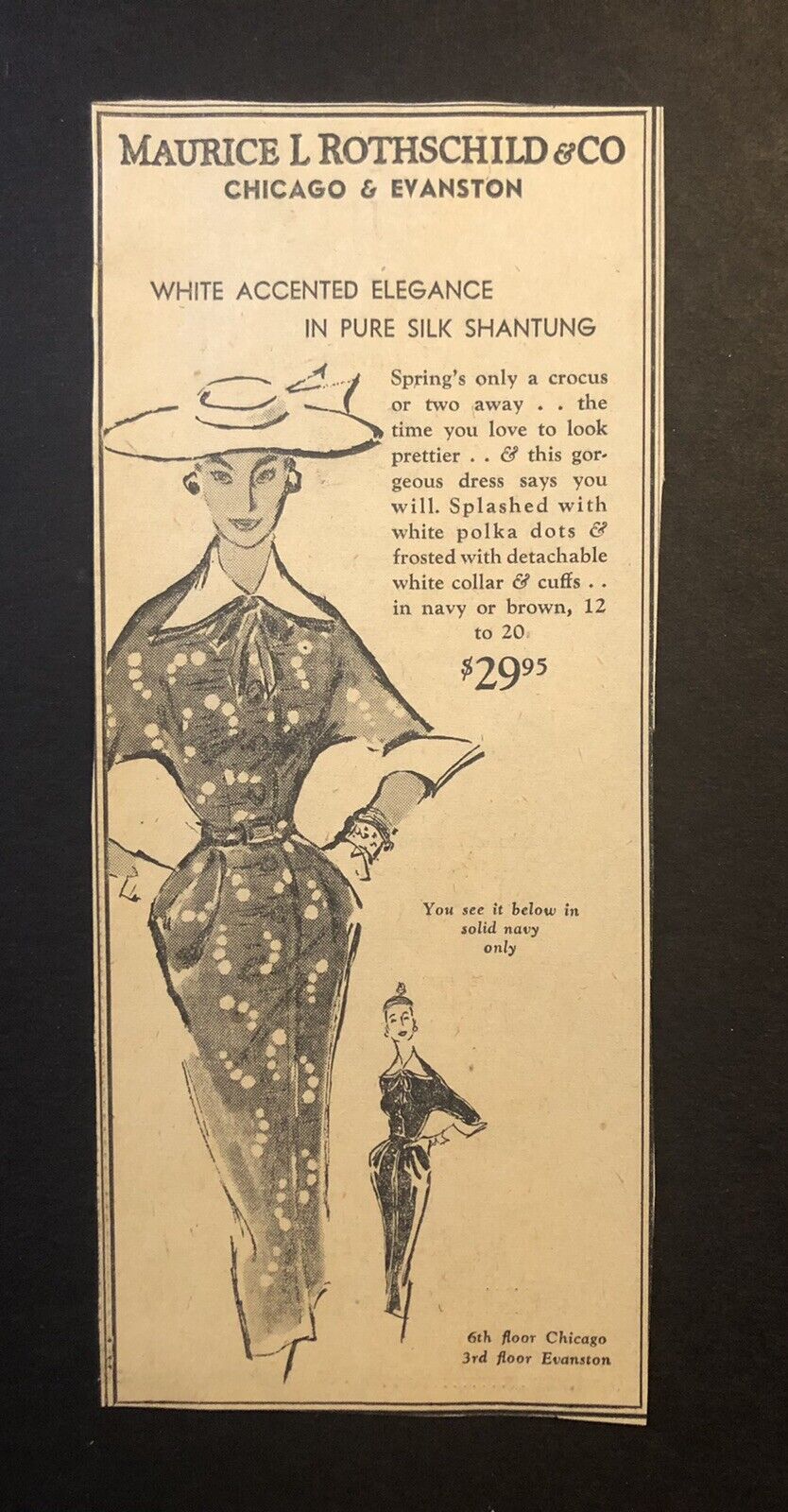 1950’s Maurice & Rothschild Retail Store Women’s Dress Chicago Newspaper Ad