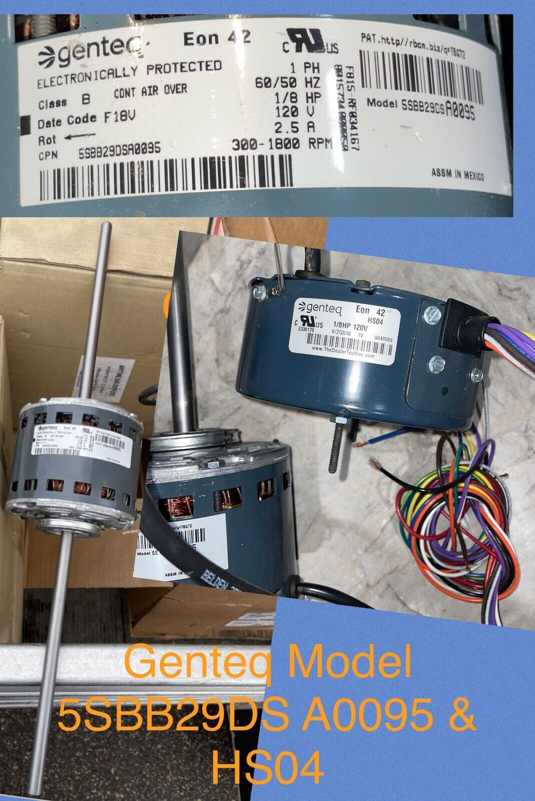 Genteq Eon42 Electric Motor Lot 5SBB29DS A0095 1/8HP & HS04 Module E338178 1/8hp
