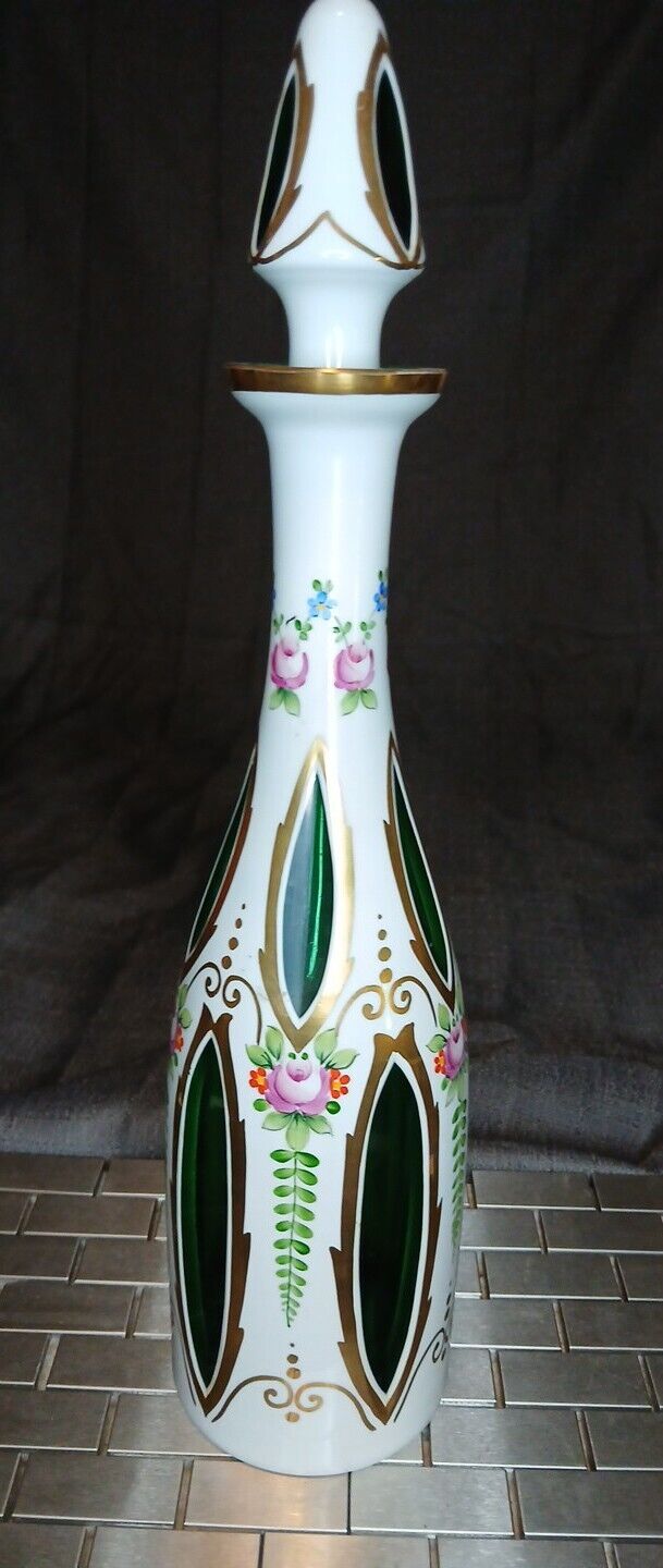 Vintage Czech Moser  Bohemian White Cased to Cut Green Glass Decanter