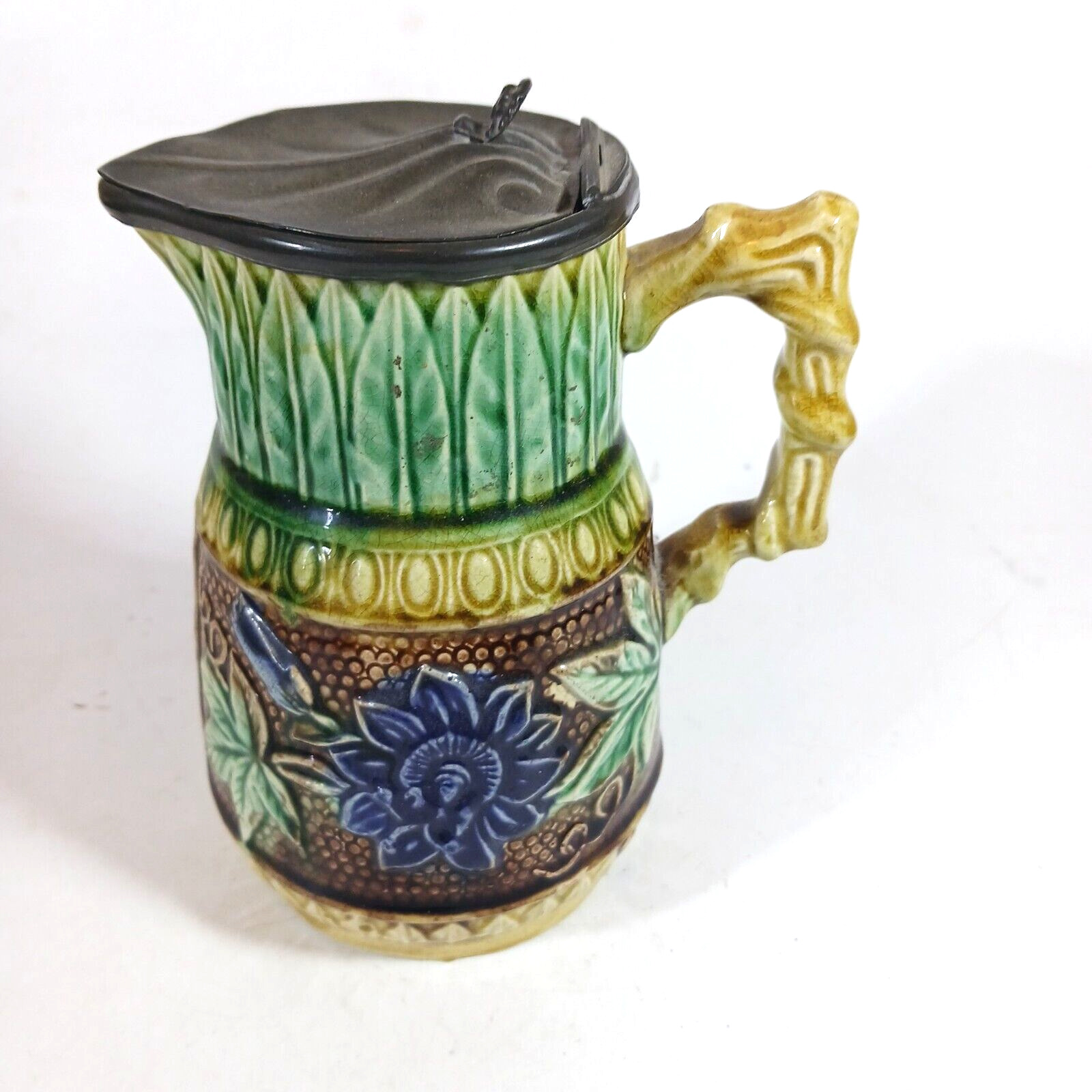 Antique Majolica Syrup Pitcher Creamer Floral Leaves Tin Lid
