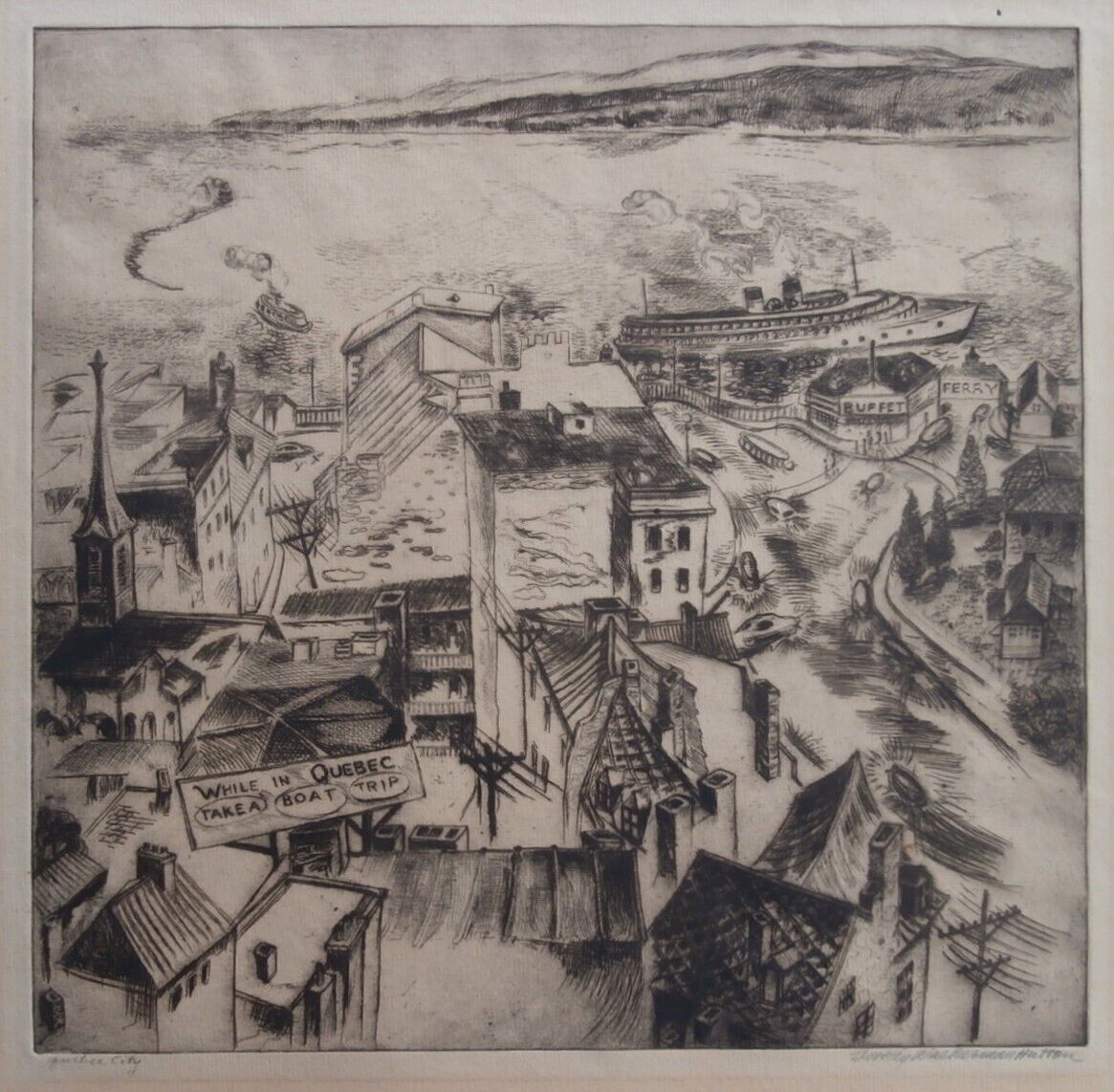 PA Woman MODERNIST Artist DOROTHY W. HUTTON ca 1945 Canada Etching QUEBEC CITY 