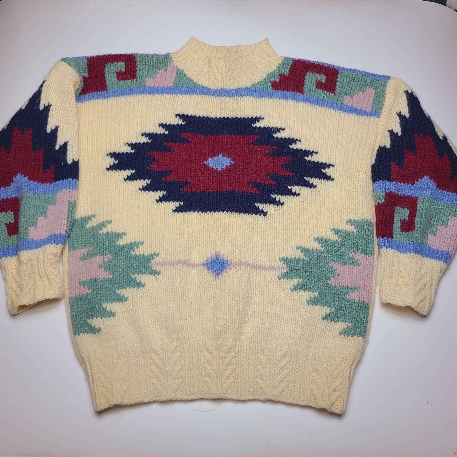 Vintage Susann D Sweater Hand Knit 100% Wool Aztec Design Women\'s Size Medium 