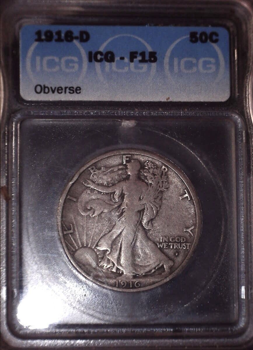 1916-D Walking Liberty Fifty Cent, ICG F15, Issue  Free