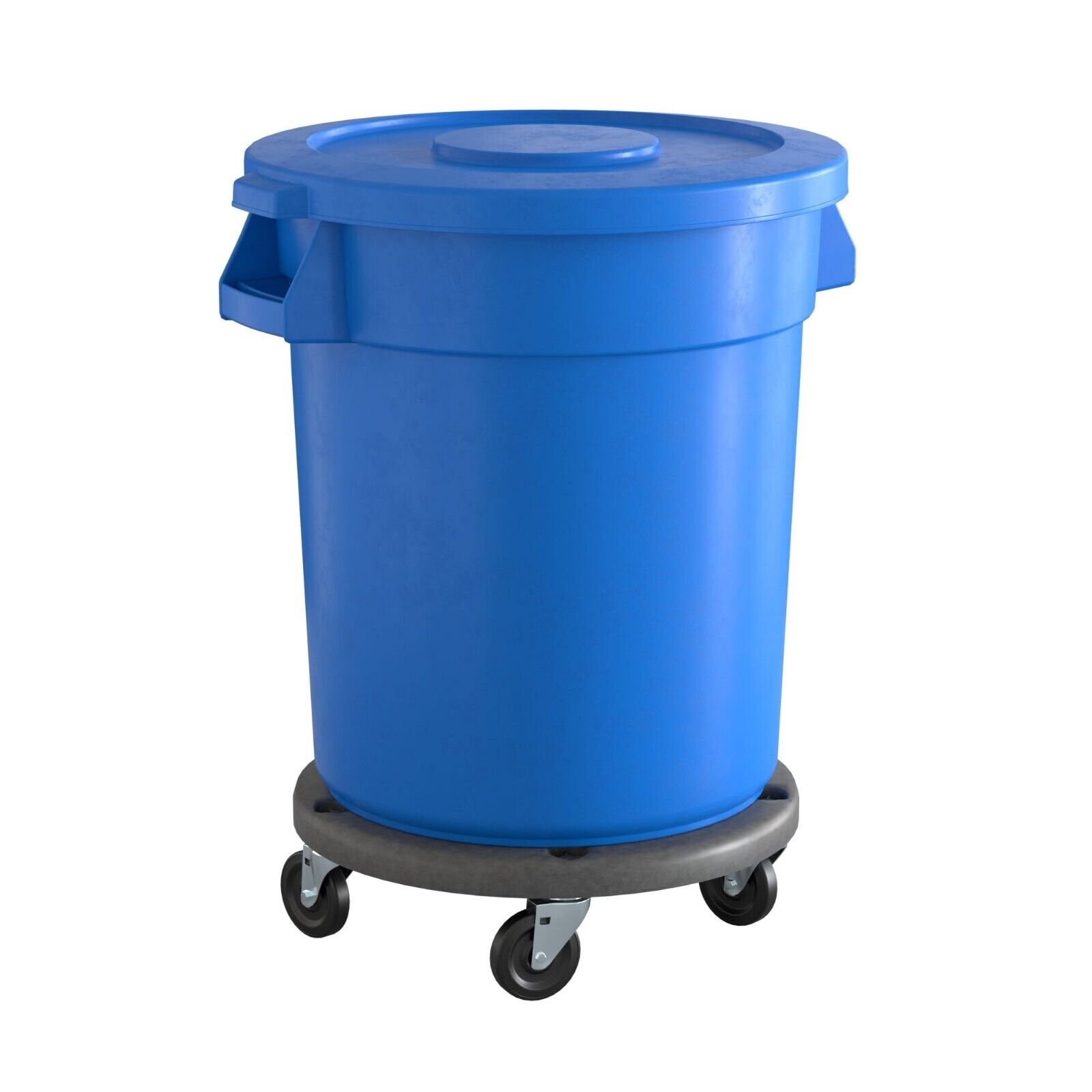 Commercial Round Plastic Trash Can with Lid and Dolly 20 Gallon Blue