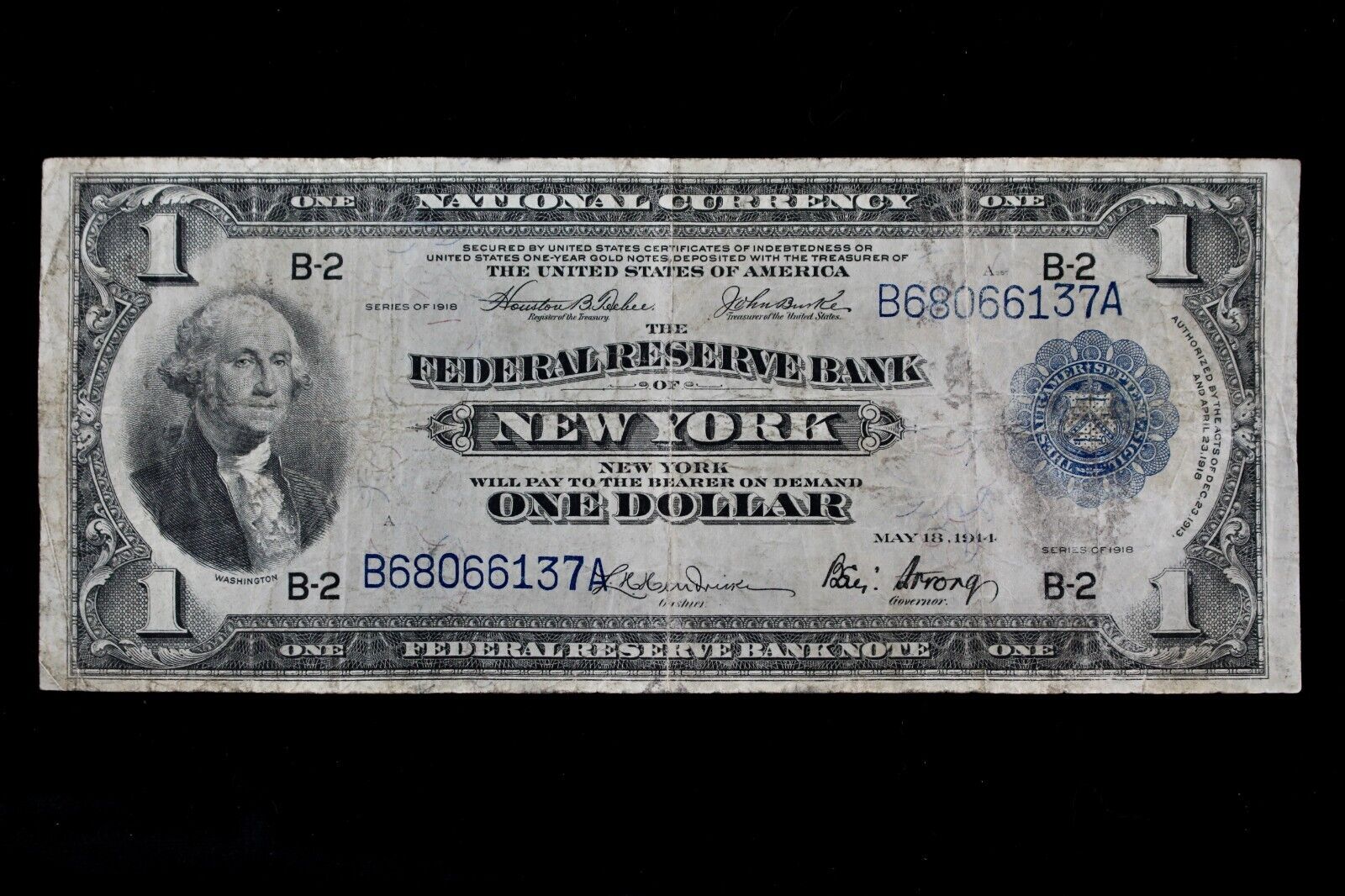 $1 1918 Soaring Eagle Large blue seal FRBN B68066137A Fr#712 New York one dollar