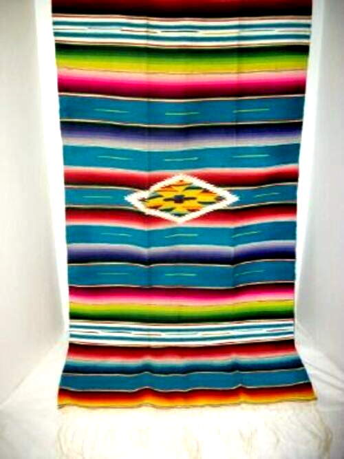 1920s SALTILLO SERAPE TURQUOISE FINE WOVEN RUNNER MEXICAN KNOTTED FRINGE MINT