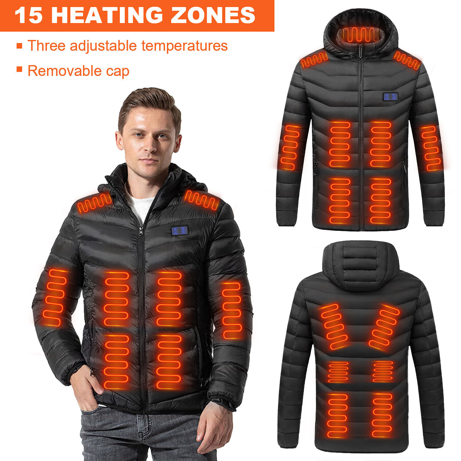 Mens Electric Heated Hoodie Coat USB Warm Up Jacket Winter Body Warmer Windproof