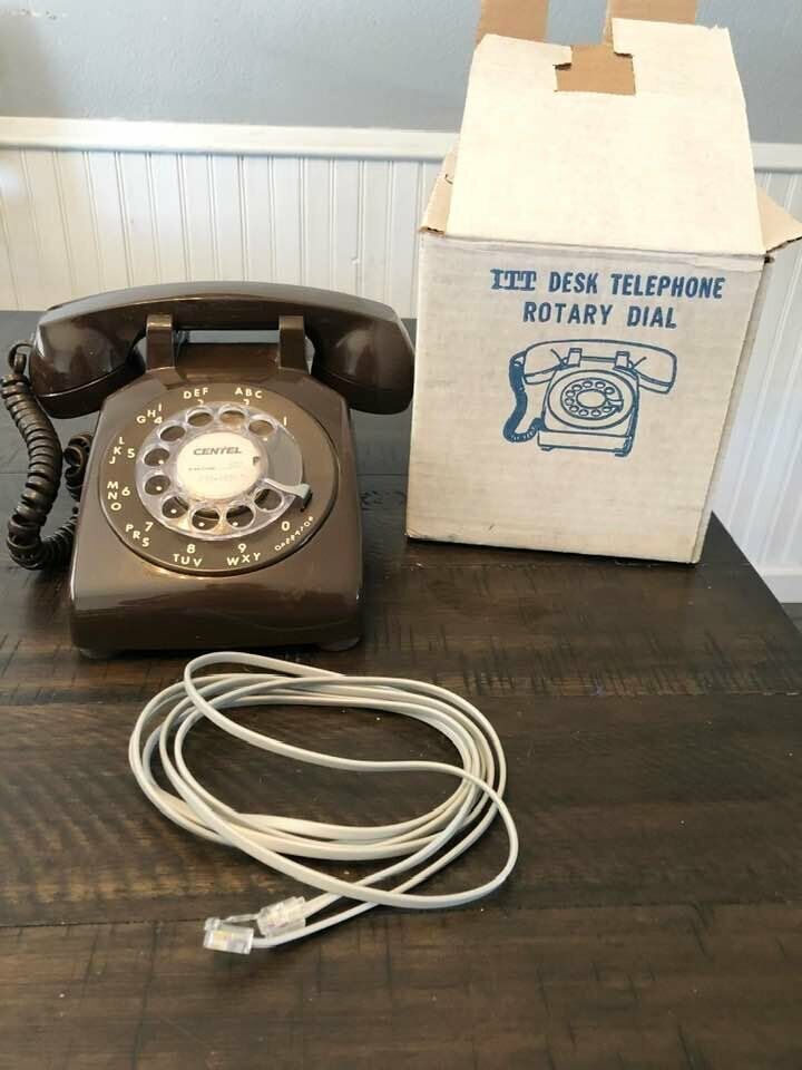 Vintage ITT Rotary Desk Telephone Original Box Chocolate Brown MCM Works