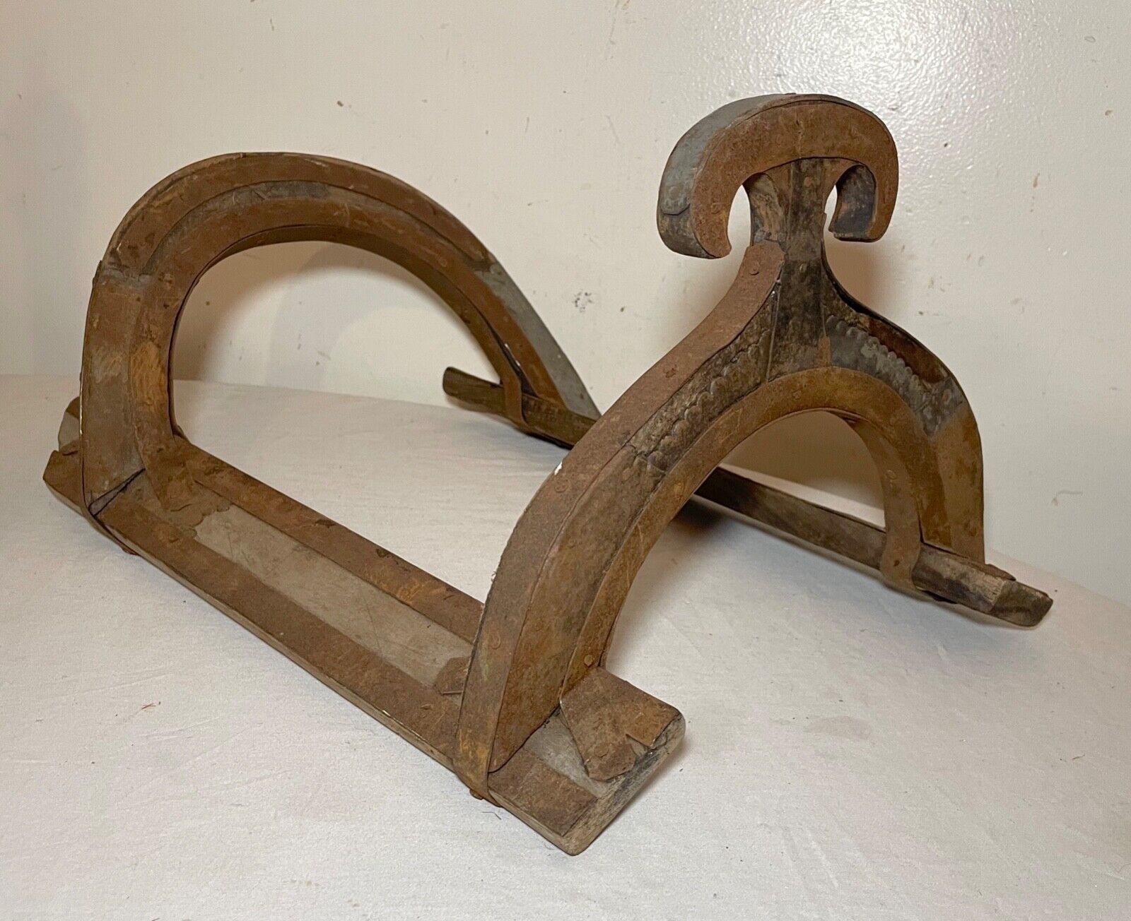 Antique handmade primitive carved wood iron child horse saddle tree frame
