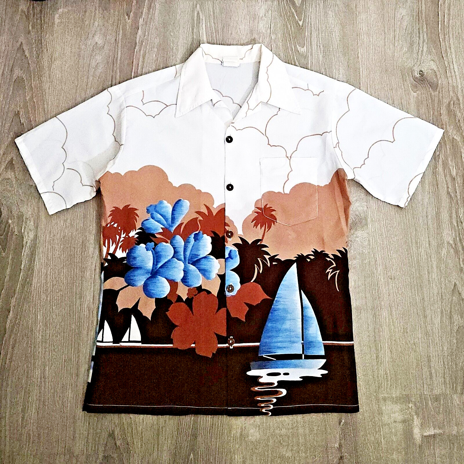 Vintage 60s 70s Hawaiian Shirt Vtg Asian Tiki Camp Atomic Floral Surf Mod USA S