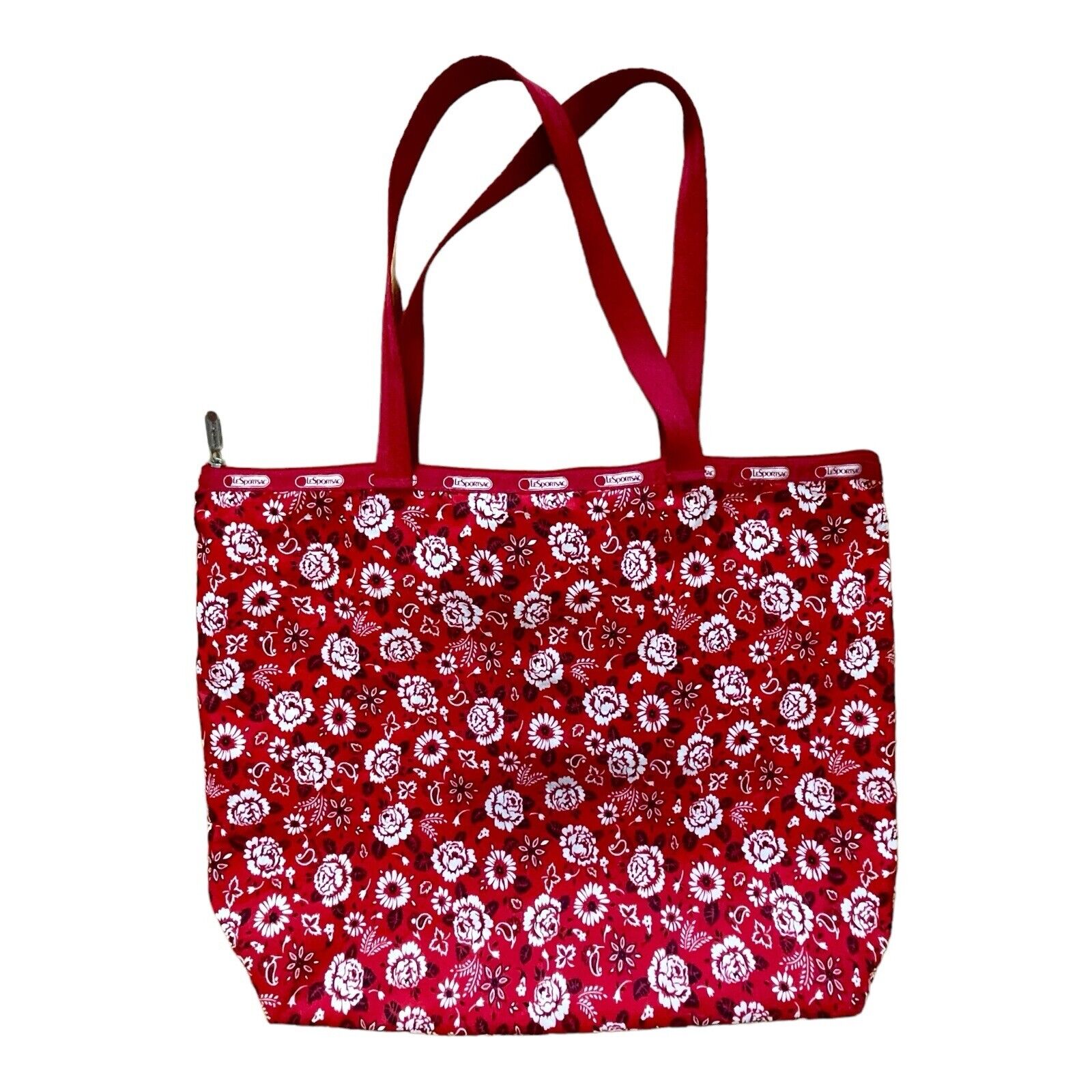 Vintage Le Sportsac 19.5” X 15” Tote Made USA Red White Bandanna Floral Y2K Nice