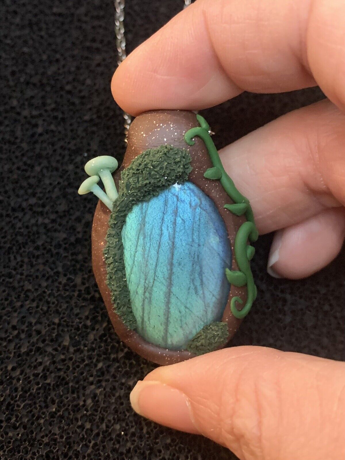 OOAK Sculpted Pendant With AAA Laboradite Sculpey Polymer Clay Handmade Jewelry