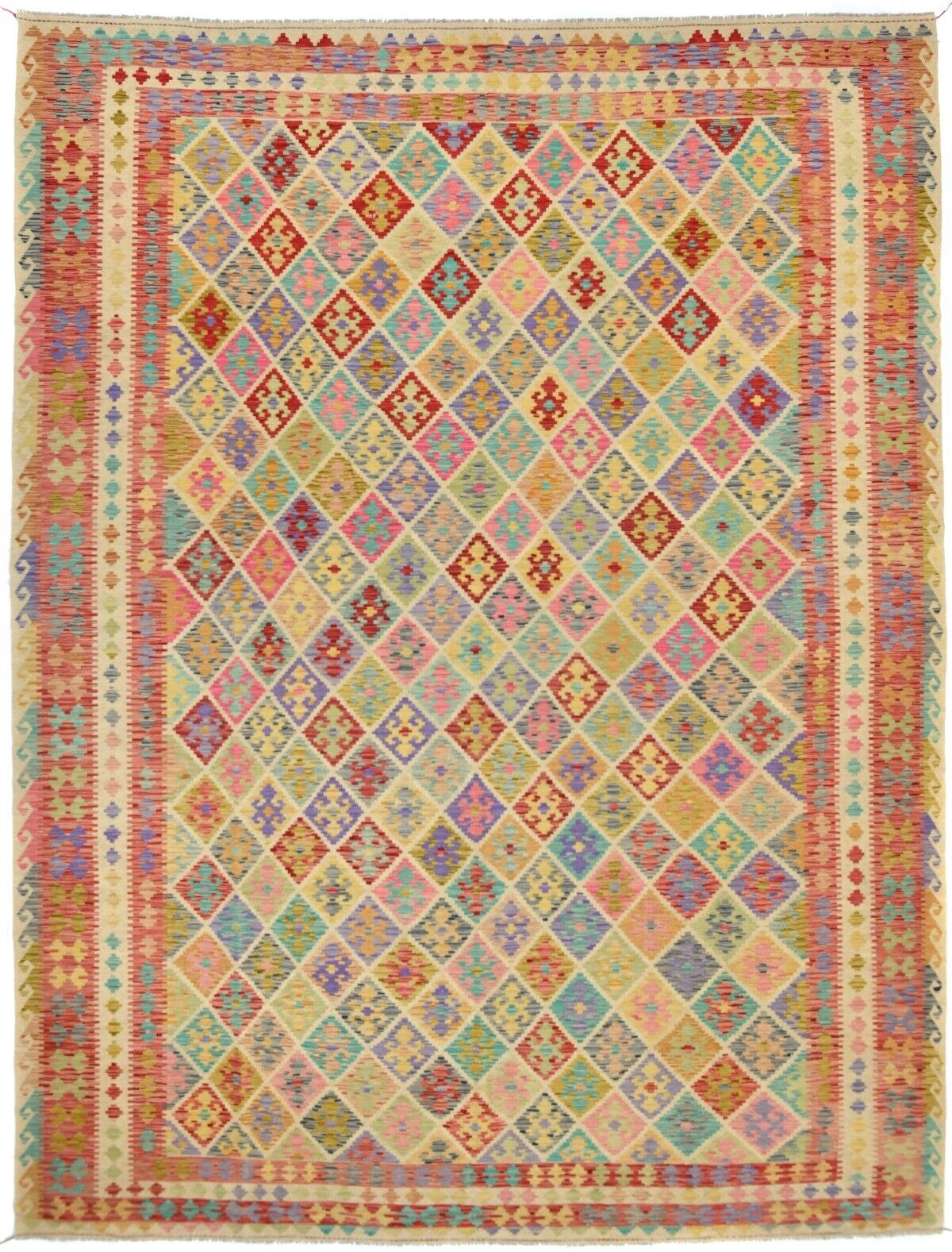 Oversized Geometric Reversible 12X16 Kilim Oriental Rug Hand-Woven Wool Carpet