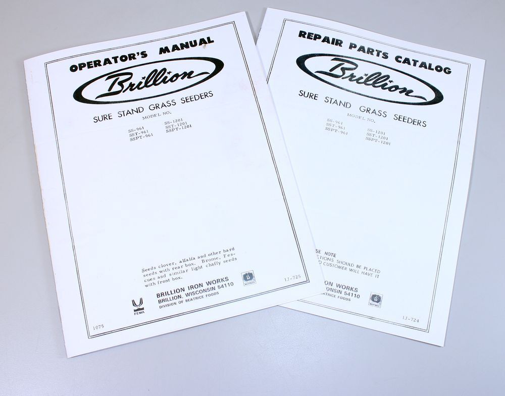 Brillion Sure Stand Seeder Parts & Operators 2 Manuals Rates Planter Drill