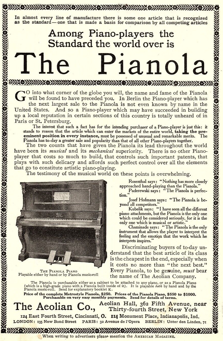 1906 THE AEOLIAN CO THE PIANOLA PIANO PLAYER NEW YORK PRINT AD Z2522